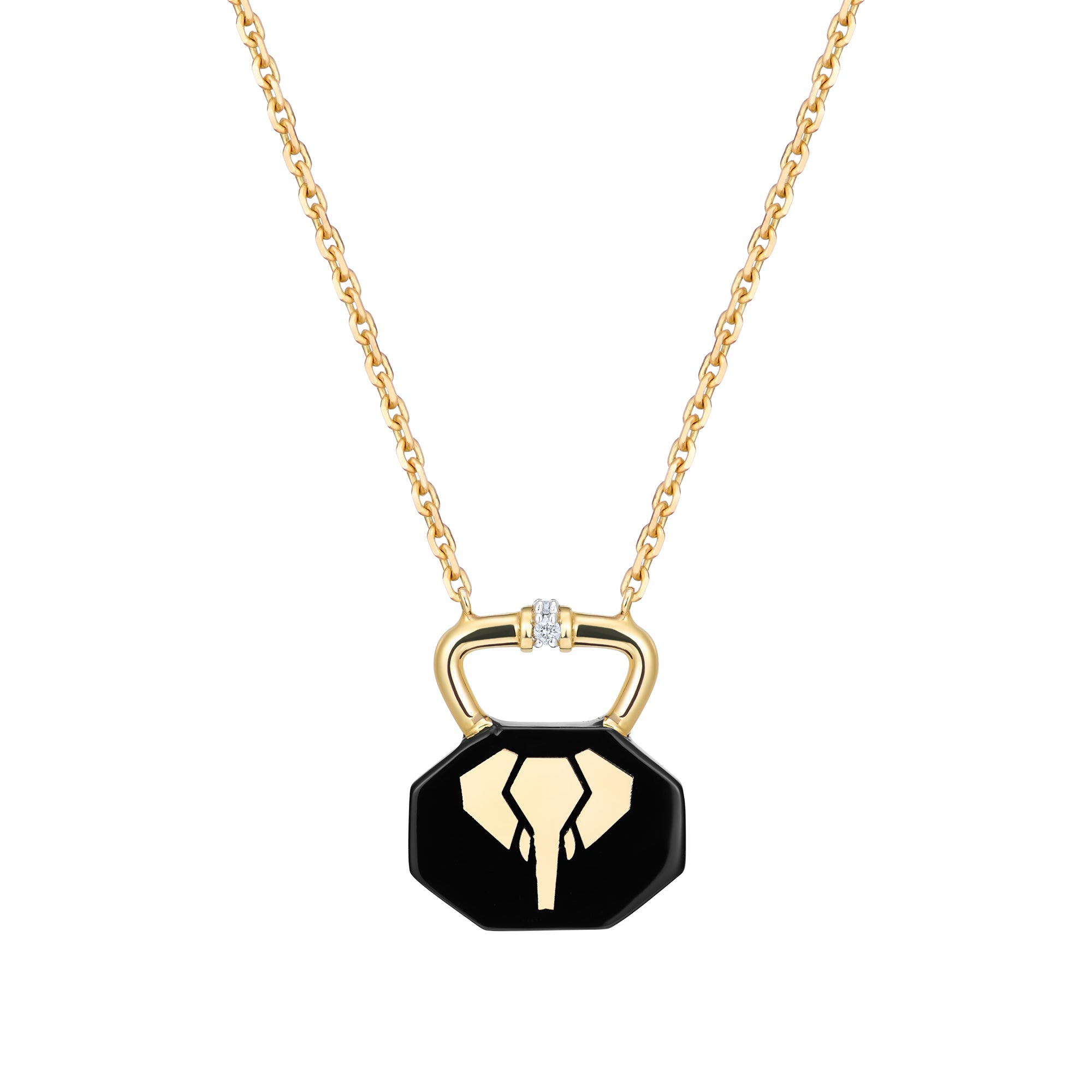 Necklace with black ceramic charm shaped like a lock with a gold elephant inlay