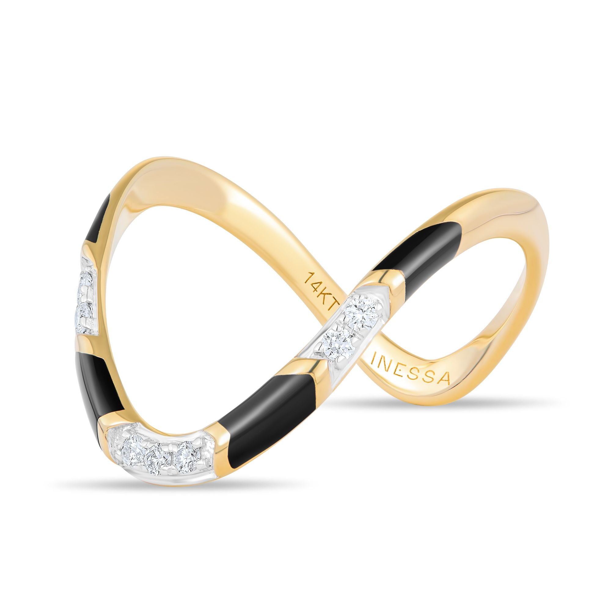  Inessa 14k reclaimed gold wave ring side view, black ceramic and diamond accents