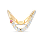Inessa 14k gold wave ring front view, pear pink tourmaline and diamond accent stones