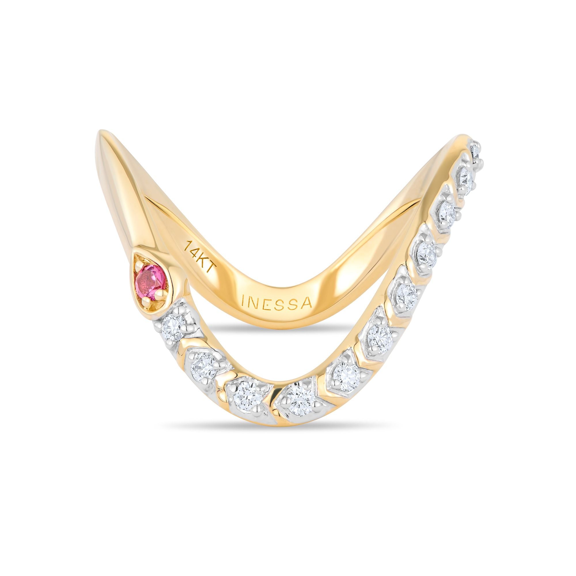 Inessa 14k gold wave ring front view, pear pink tourmaline and diamond accent stones