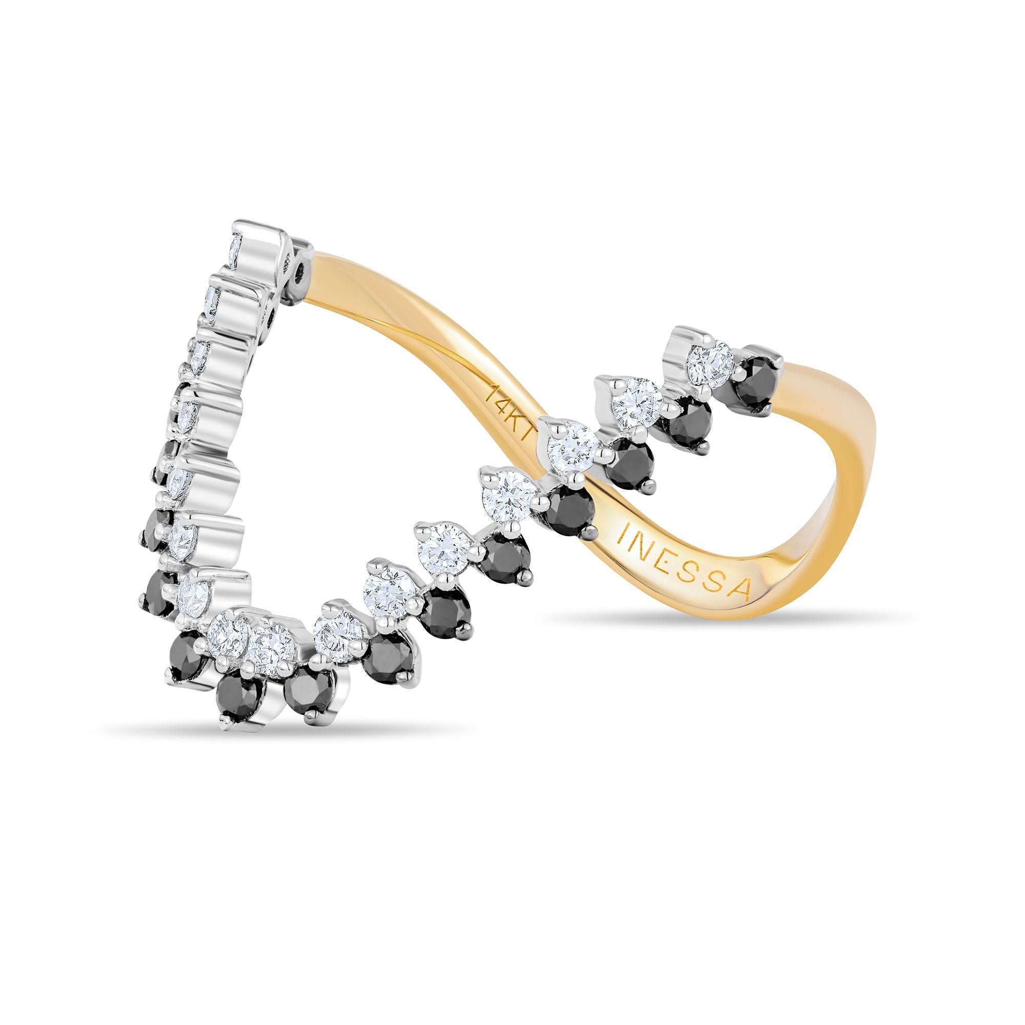 Inessa 14k gold wave ring side view showing black white diamond clusters and open design
