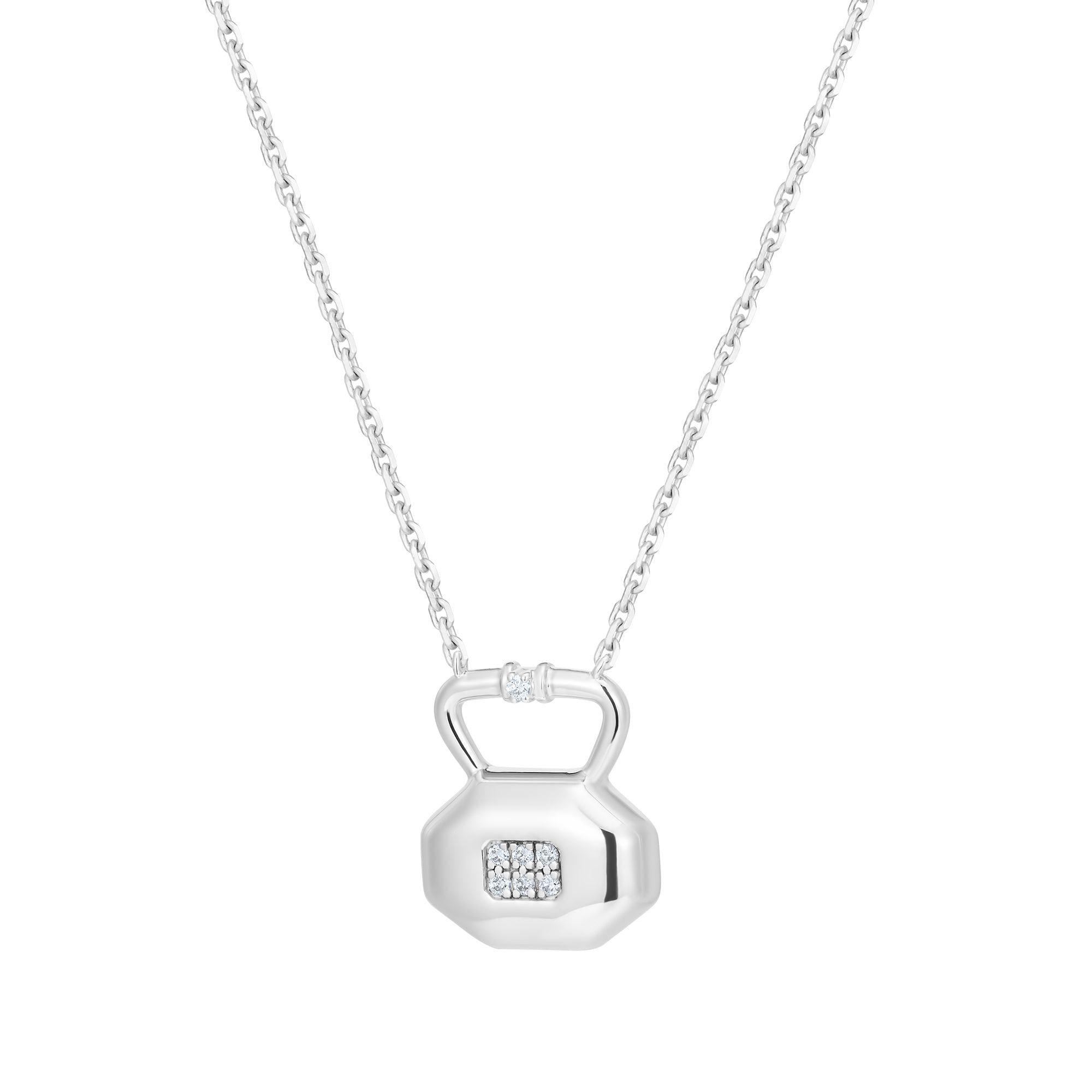 Diamond birthstone lock pendant showing octagonal design and sparkle detail from multiple angles