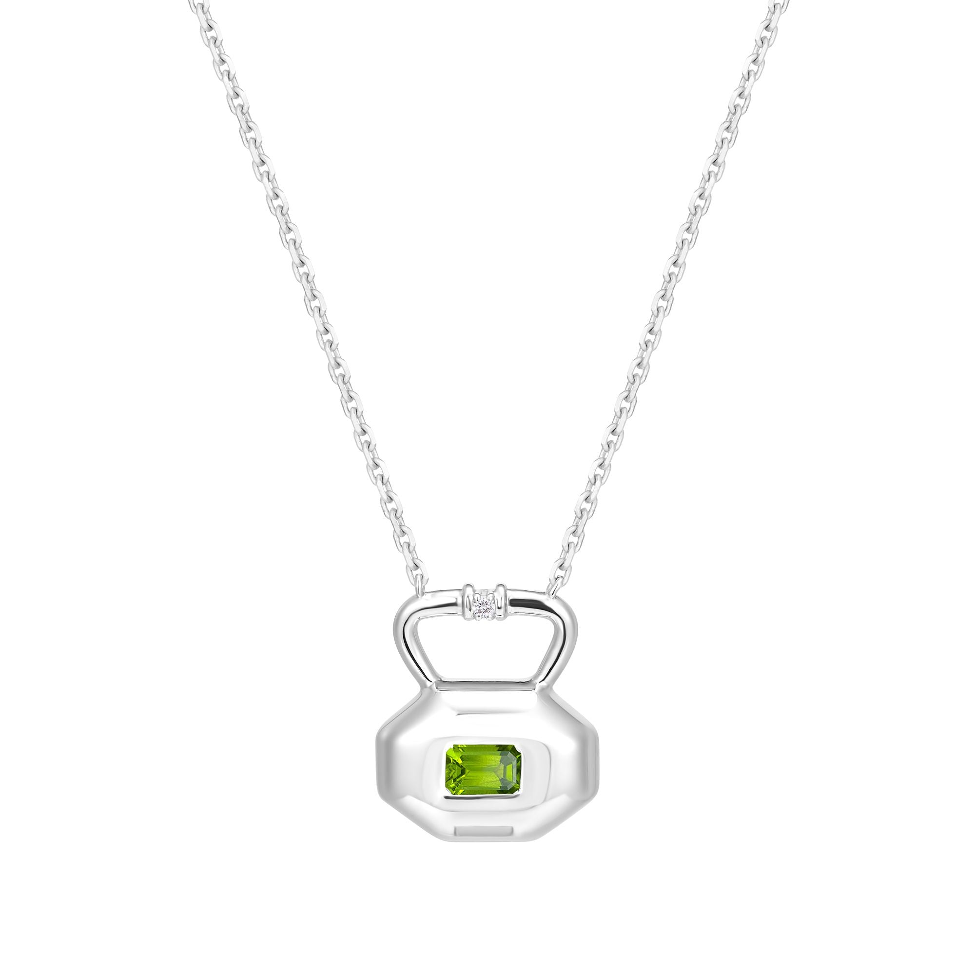 August peridot birthstone lock pendant from Milestones Collection shown front view in recycled sterling silver