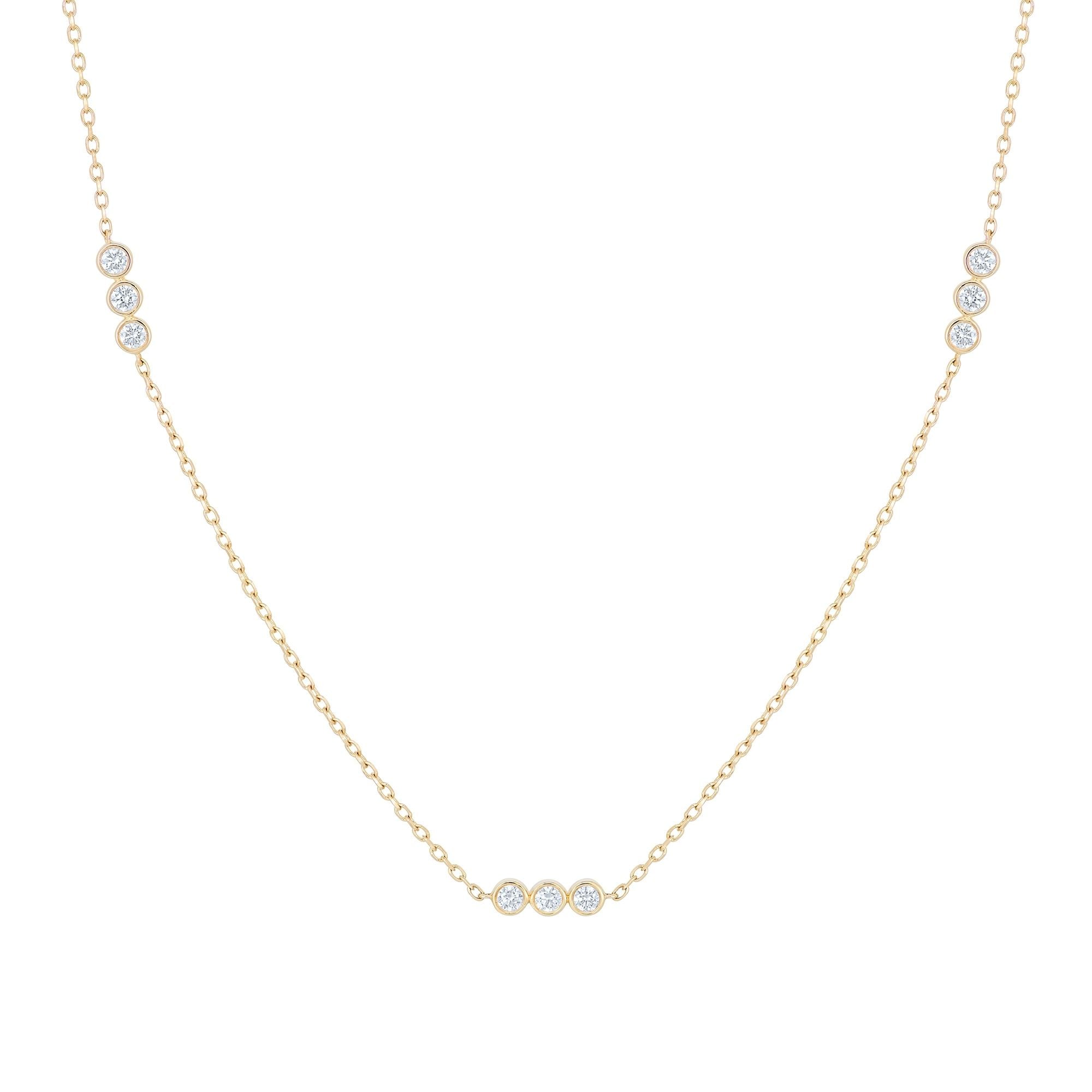 Inessa 14k gold necklace with three diamond clusters, ethically sourced stones in bezel setting
