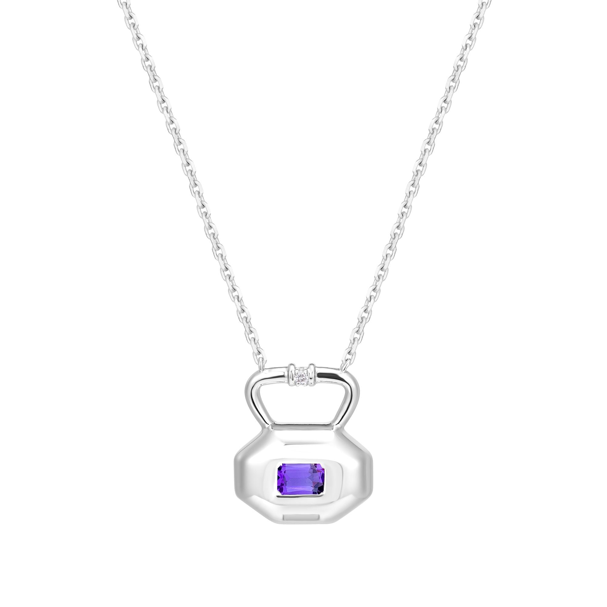 February amethyst birthstone lock pendant from Milestones Collection shown front view in recycled sterling silver