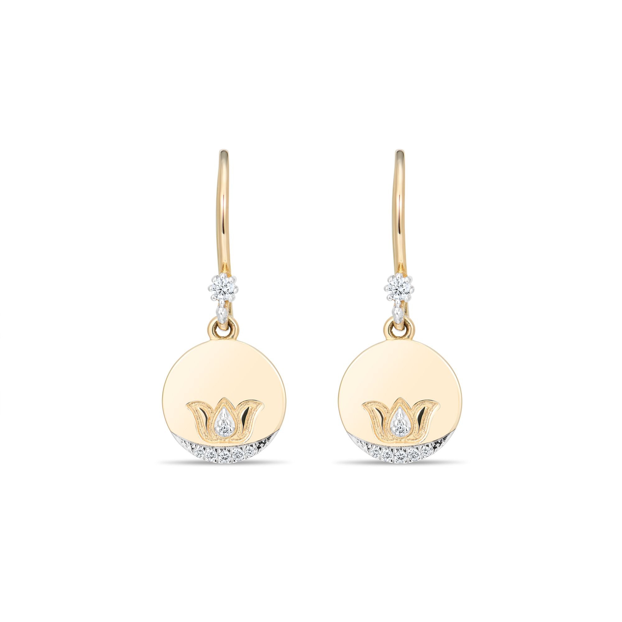 Inessa lotus coin earrings in 14k reclaimed gold with diamond accents showing lotus motif engraving