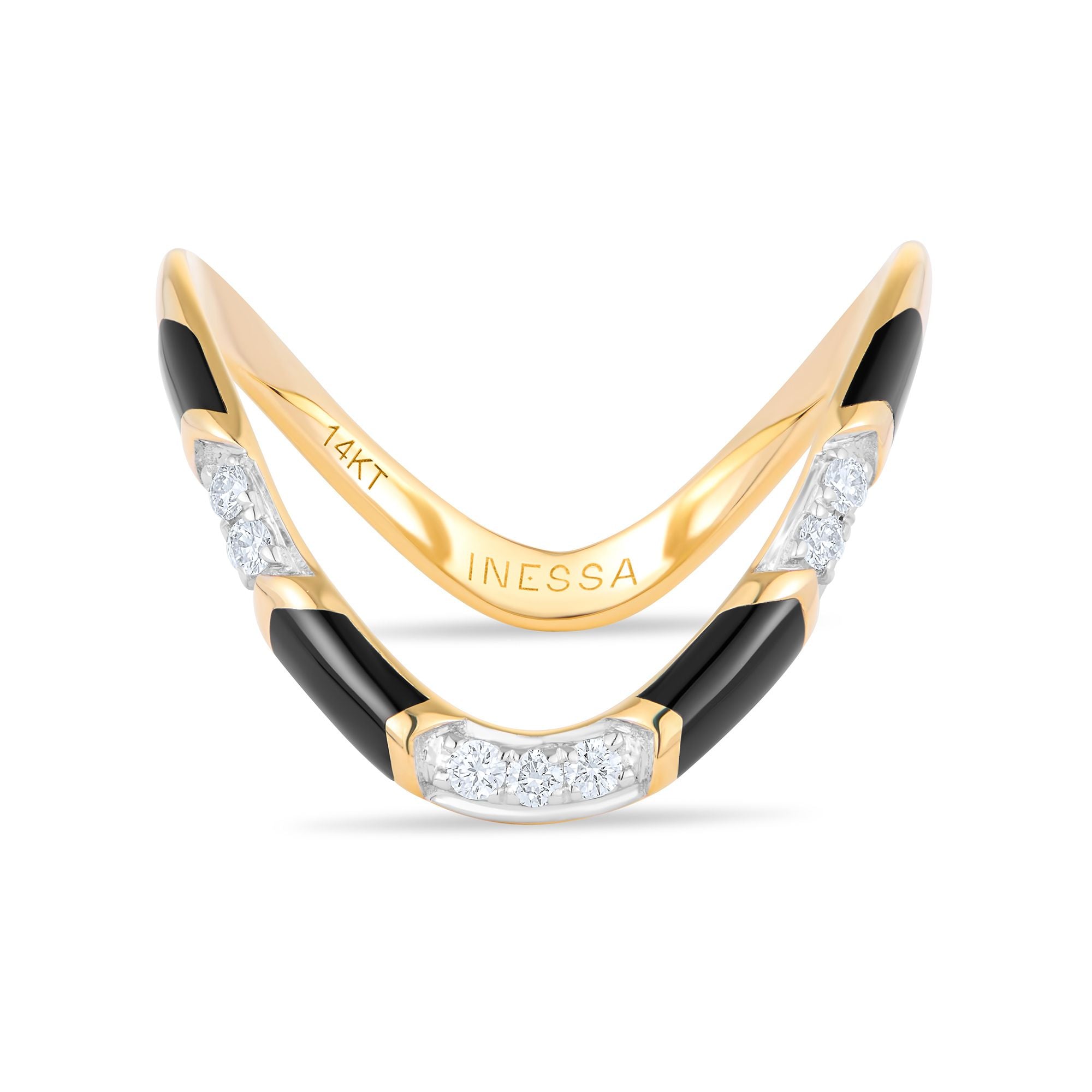Inessa 14k gold wave ring with black ceramic segments and diamonds, front view