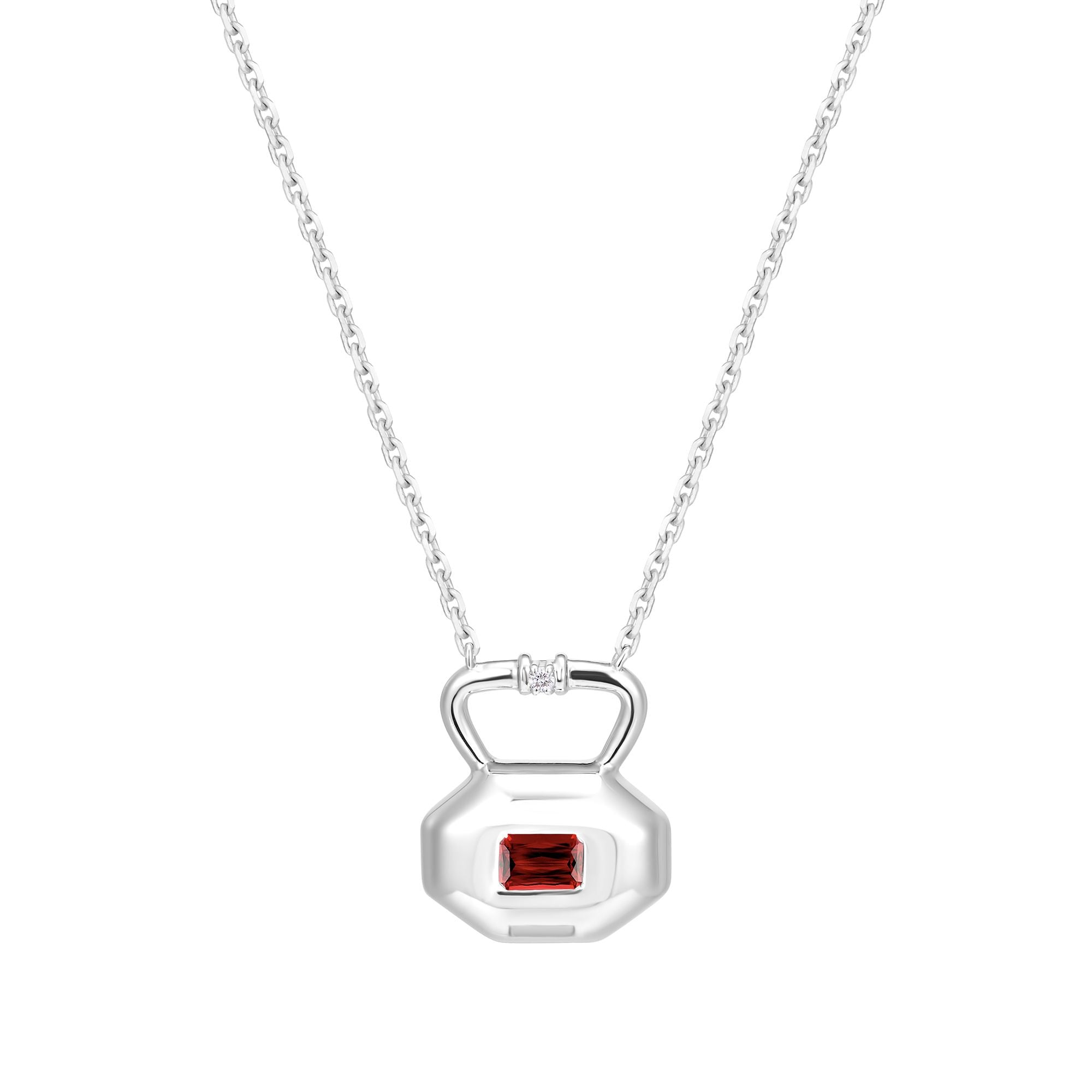 January garnet birthstone lock pendant shown front view displaying natural movement and light reflection on silver chain