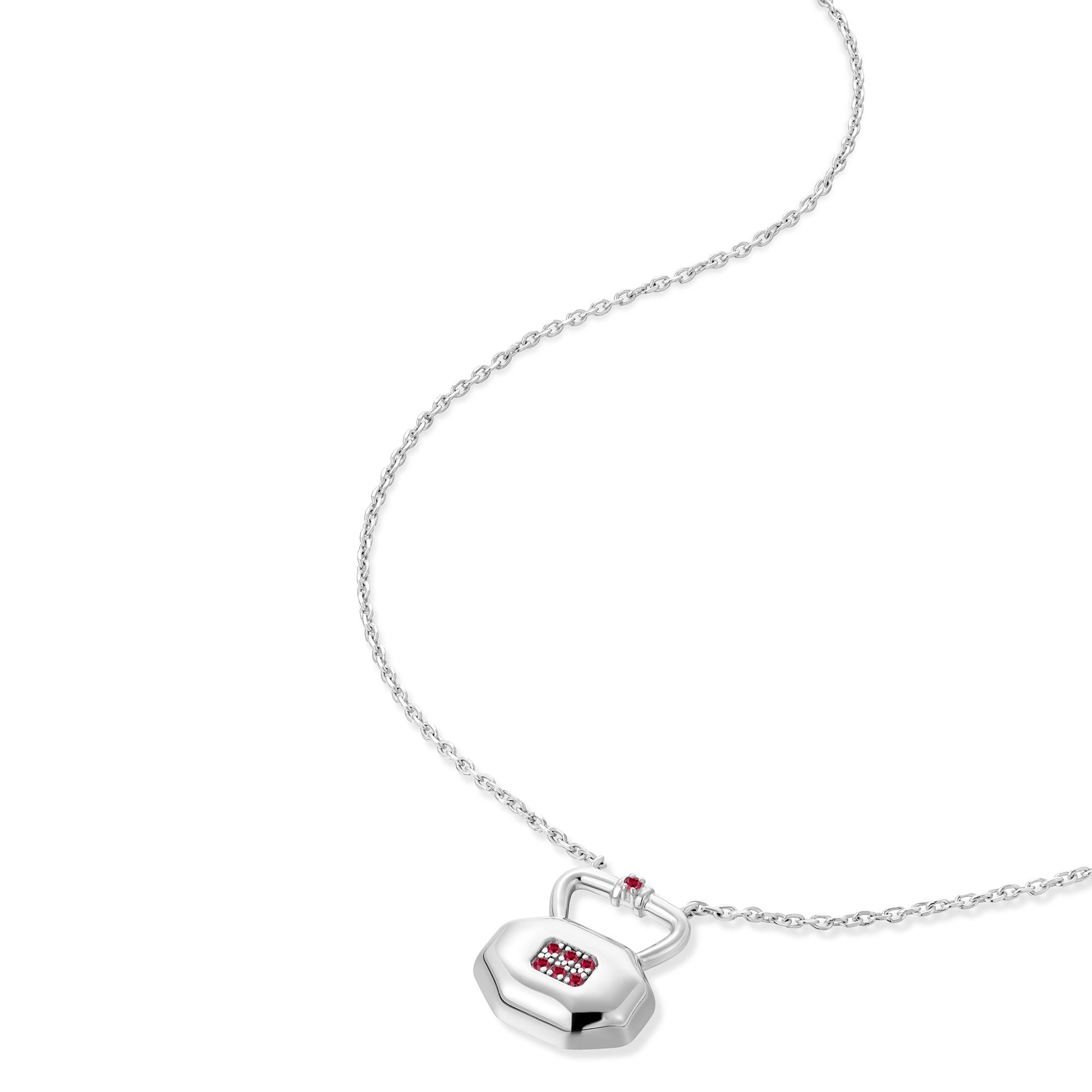 July ruby baguette birthstone lock pendant shown at angle displaying natural movement and light reflection on silver chain