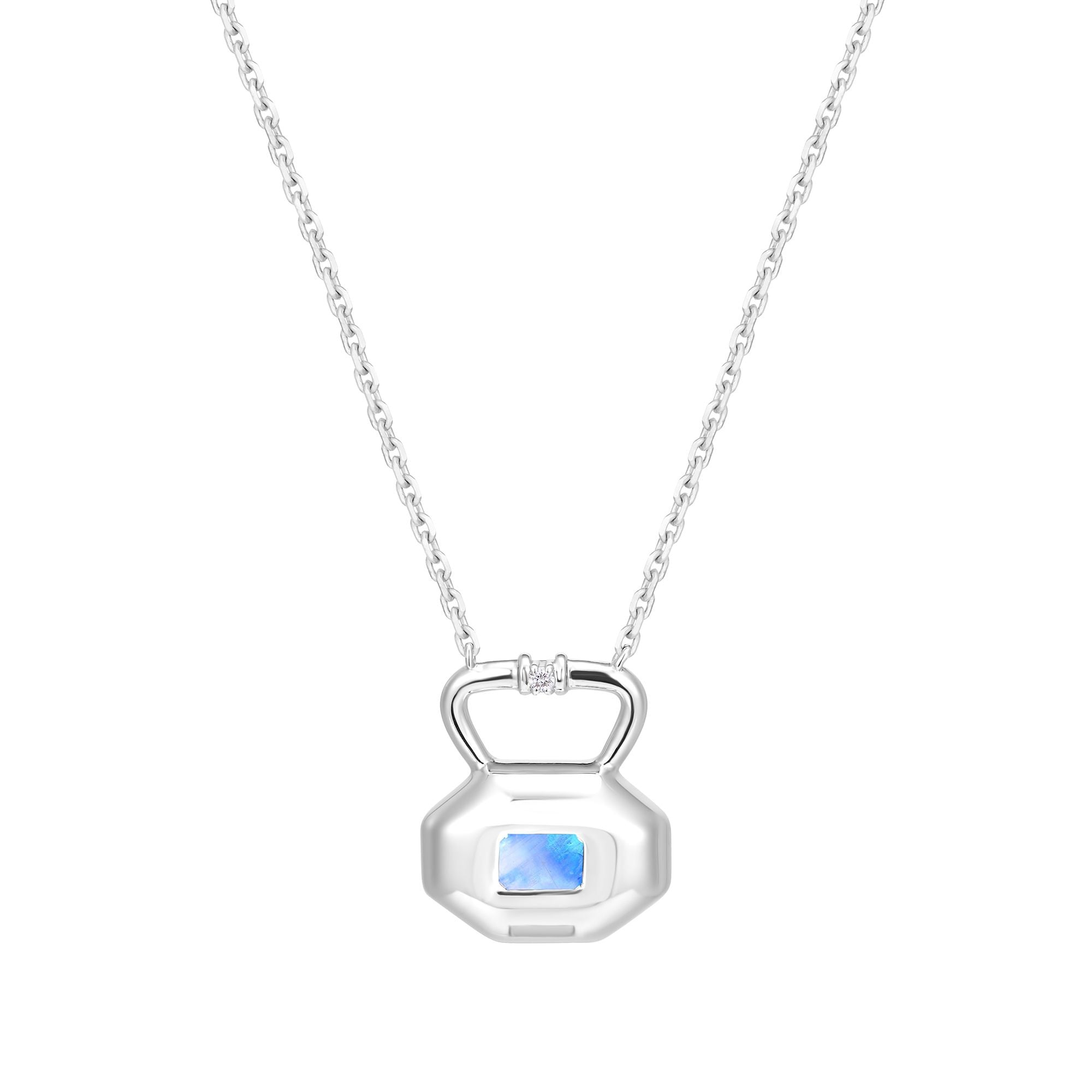 June moonstone birthstone lock pendant from Milestones Collection shown front view in recycled sterling silver