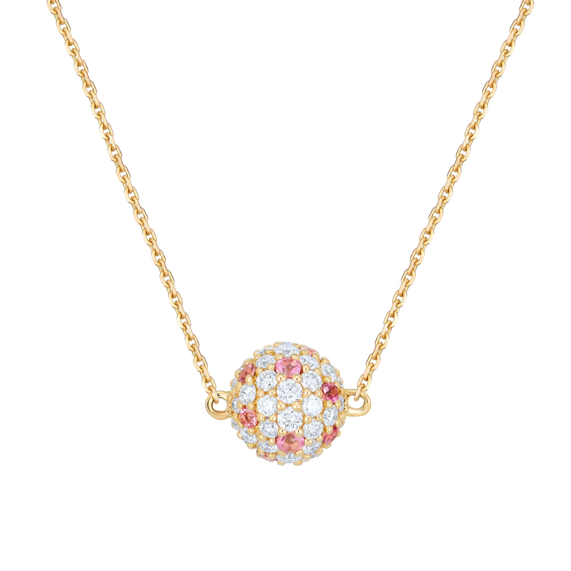 Inessa lotus ball necklace with diamonds and pink tourmalines in 14k reclaimed gold from Strength Collection