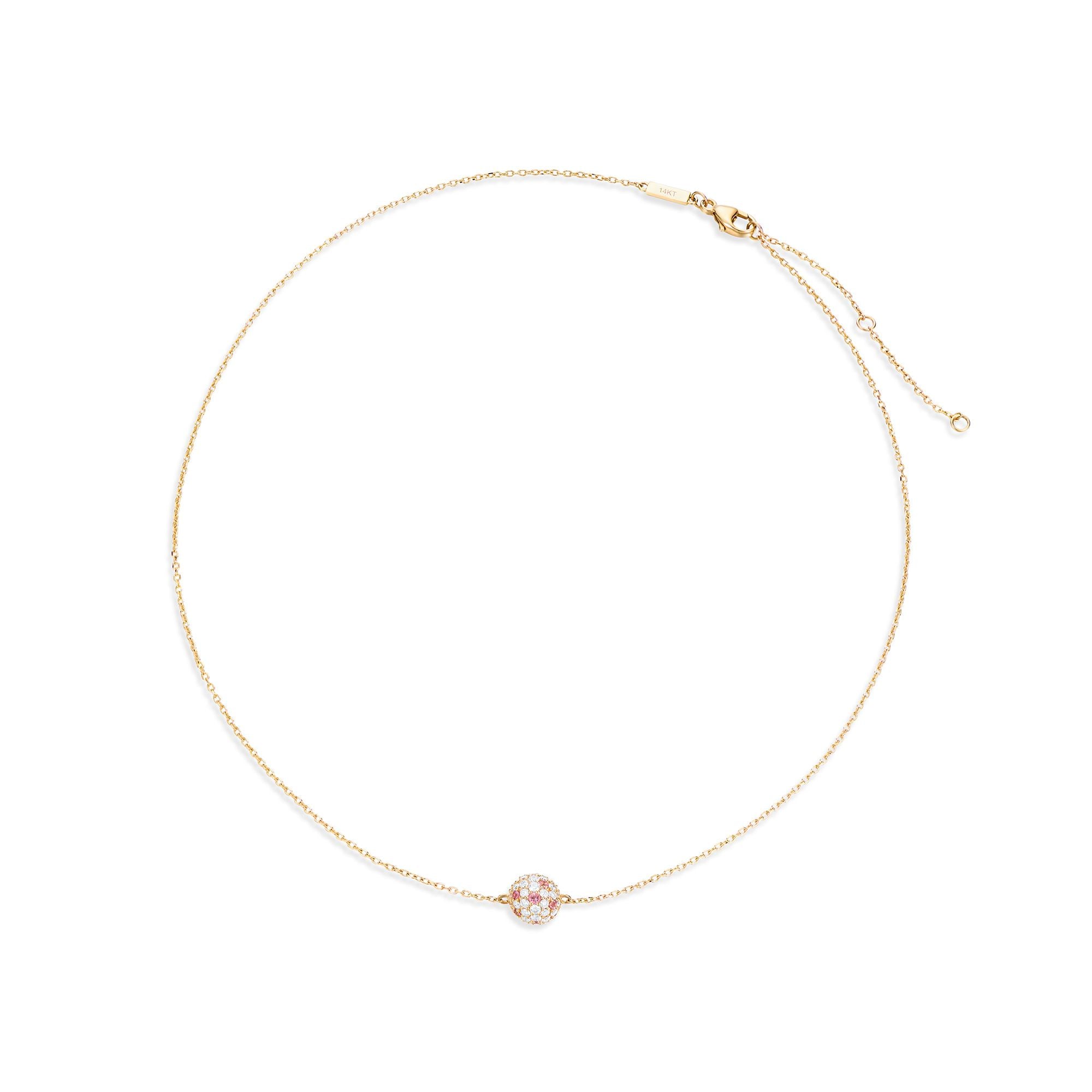 Complete lotus ball necklace in 14k gold showing adjustable length options and lobster clasp closure