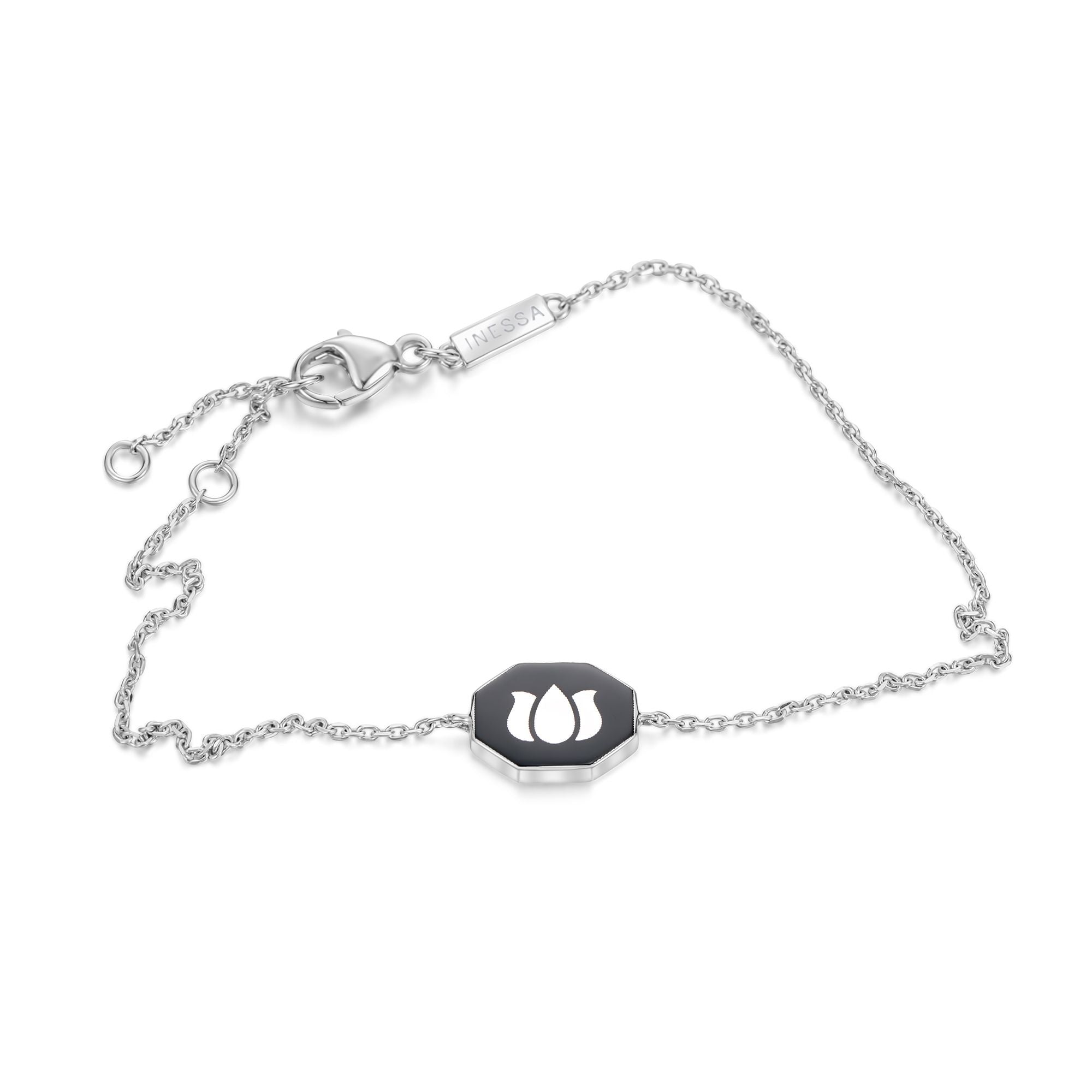 Inessa double-sided black ceramic lotus bracelet in white rhodium finished sterling silver with adjustable sizing