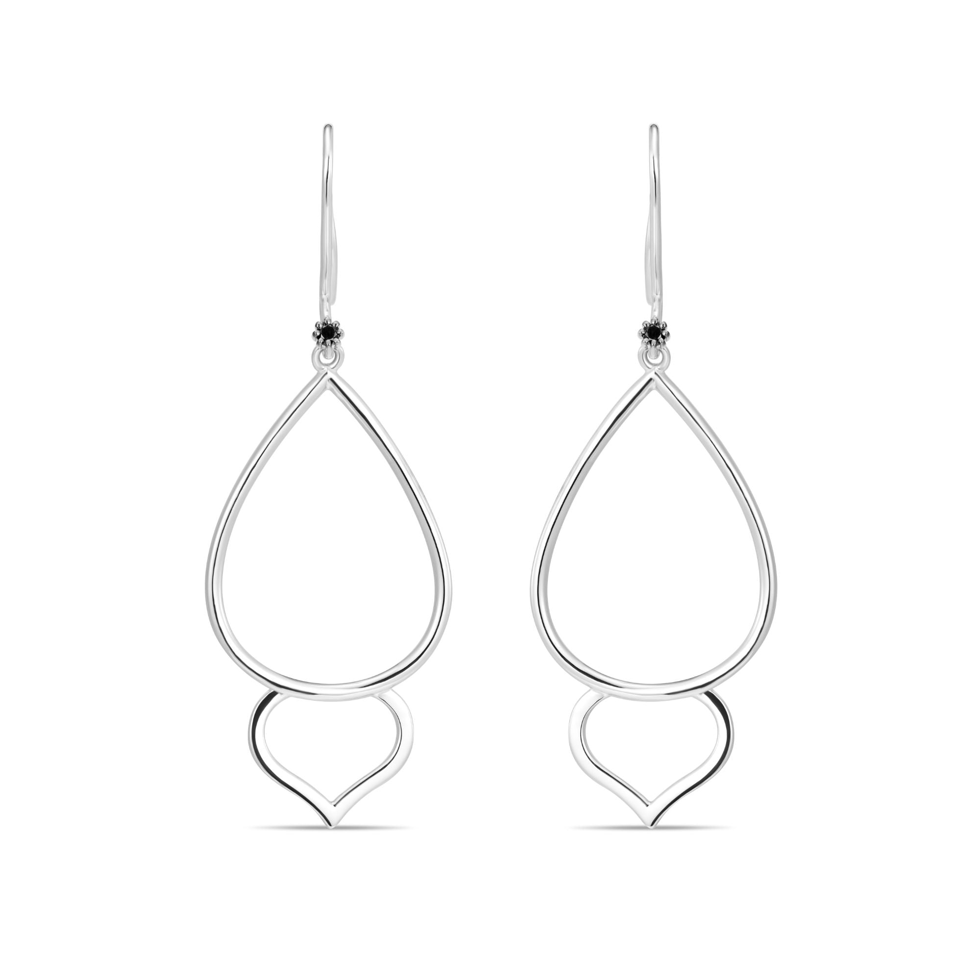 Inessa silver lotus bud hoop earrings with black diamonds and white rhodium finish from Strength Collection