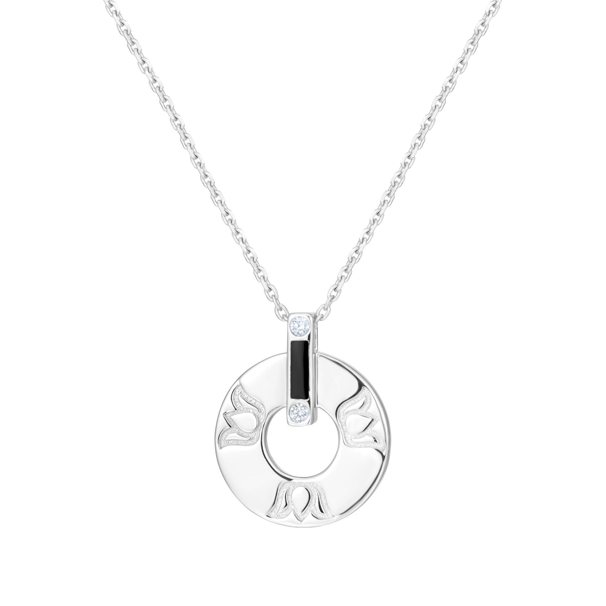 Silver lotus necklace with black ceramic details showing cut-out petal design and diamond accents