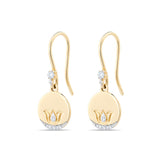 14k gold lotus coin earrings with hook closures showing diamond pave detail and lotus symbols