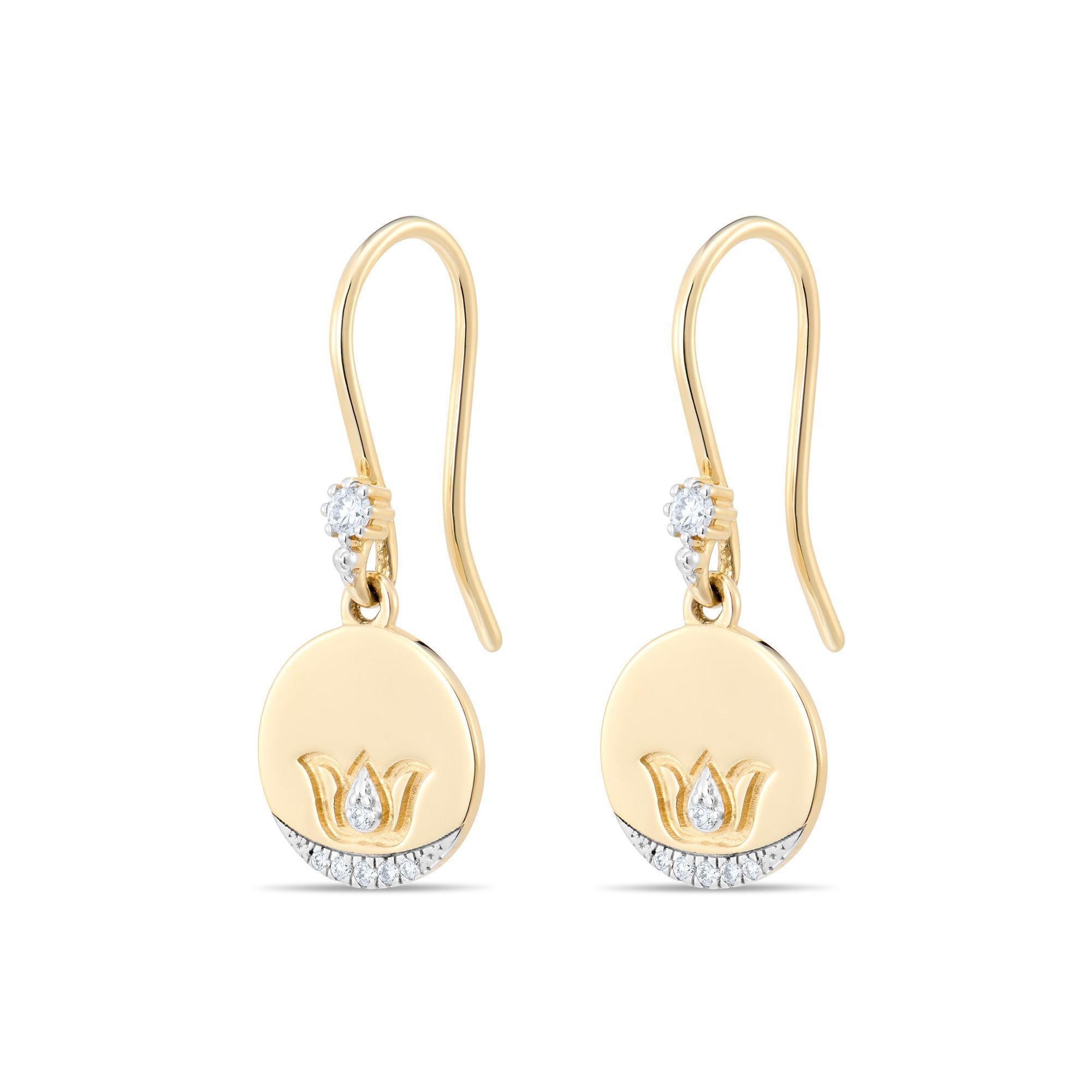 14k gold lotus coin earrings with hook closures showing diamond pave detail and lotus symbols