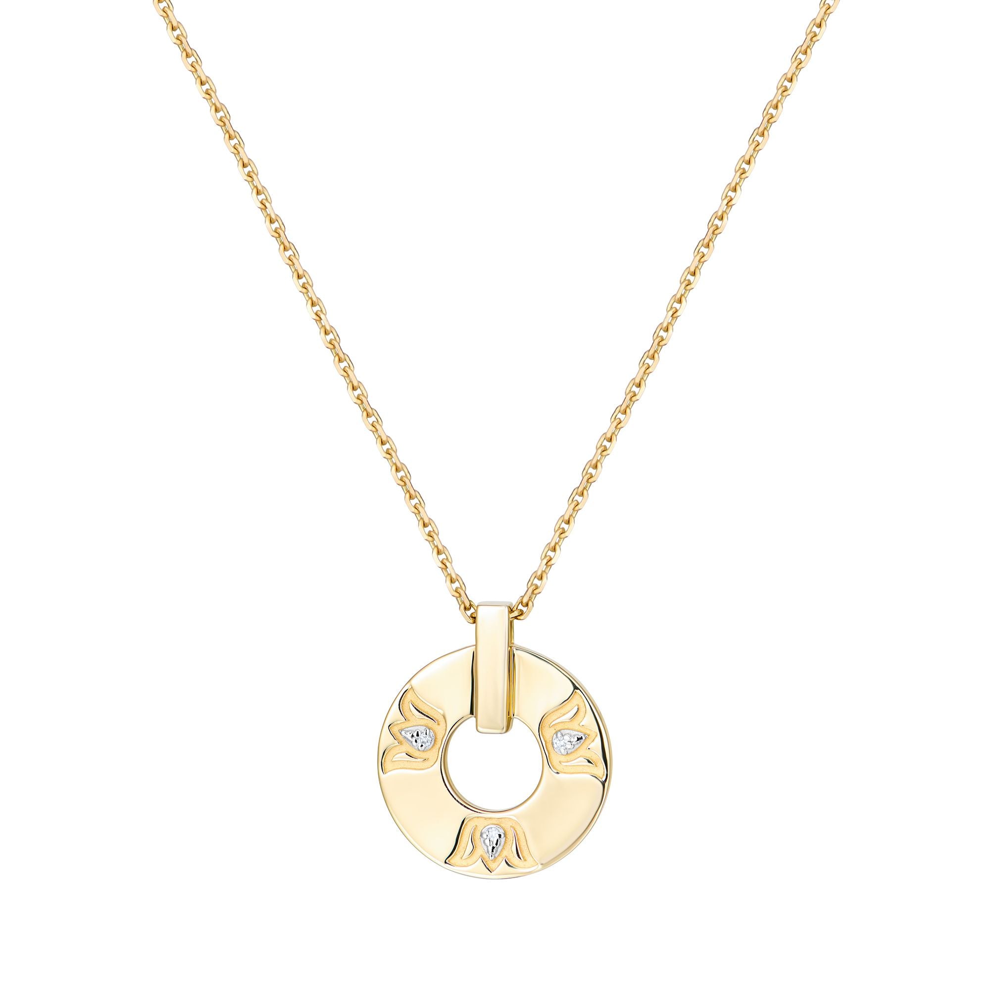 14k gold lotus pendant angle view showing dimensional design and diamond placement in petal details
