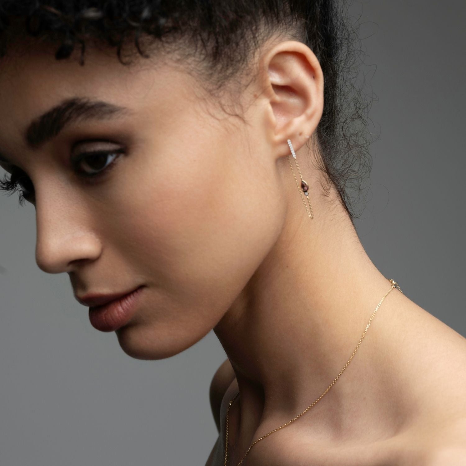 Inessa lotus bud pink tourmaline drop earrings profile view, 14k gold from Strength Collection
