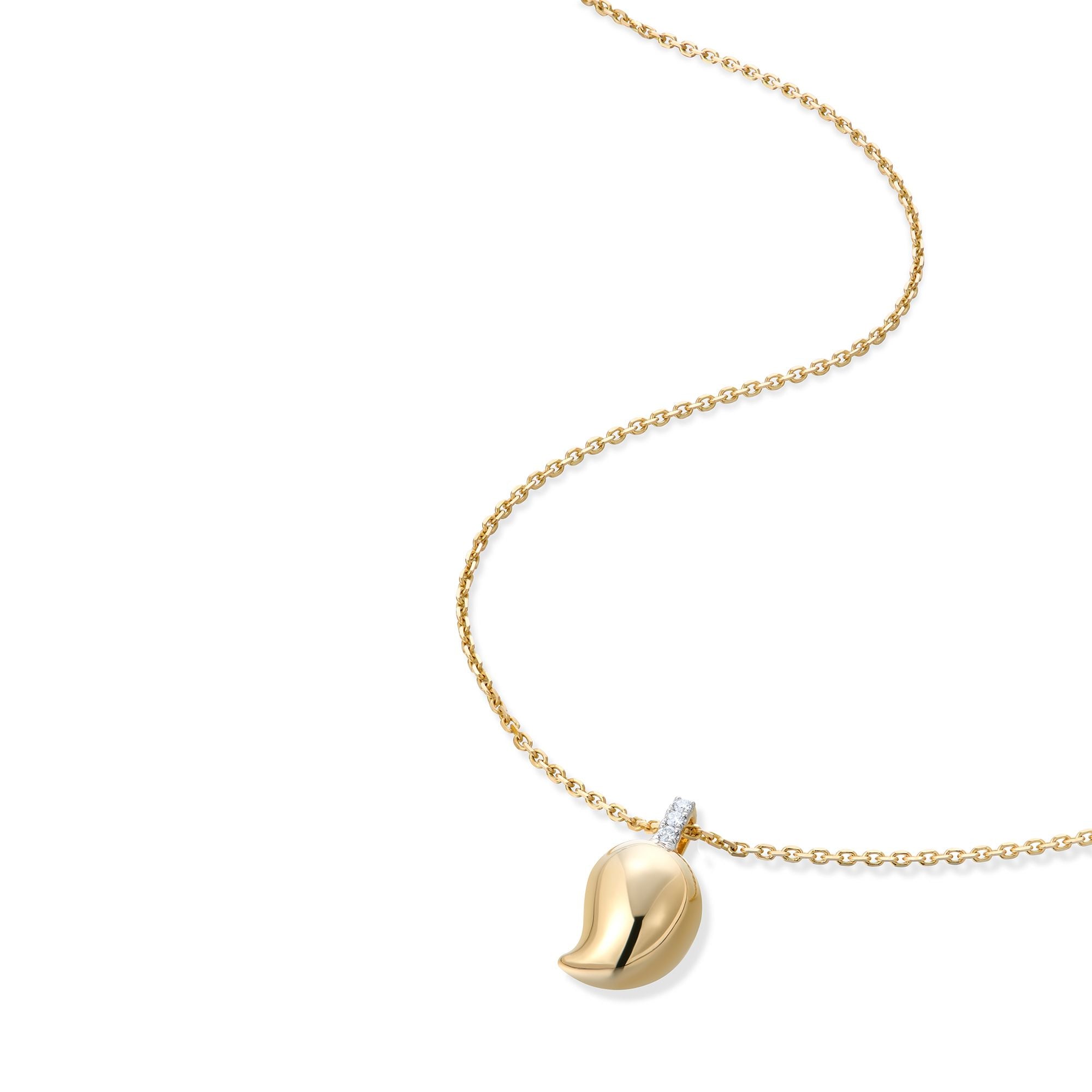 14k gold mango pendant necklace with diamond bail from Inessa Jewelry Love Collection on white background
