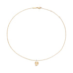Complete view of adjustable gold mango pendant necklace showing chain proportions and pendant placement