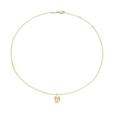 Complete view of adjustable gold mango pendant necklace showing chain proportions and pendant placement