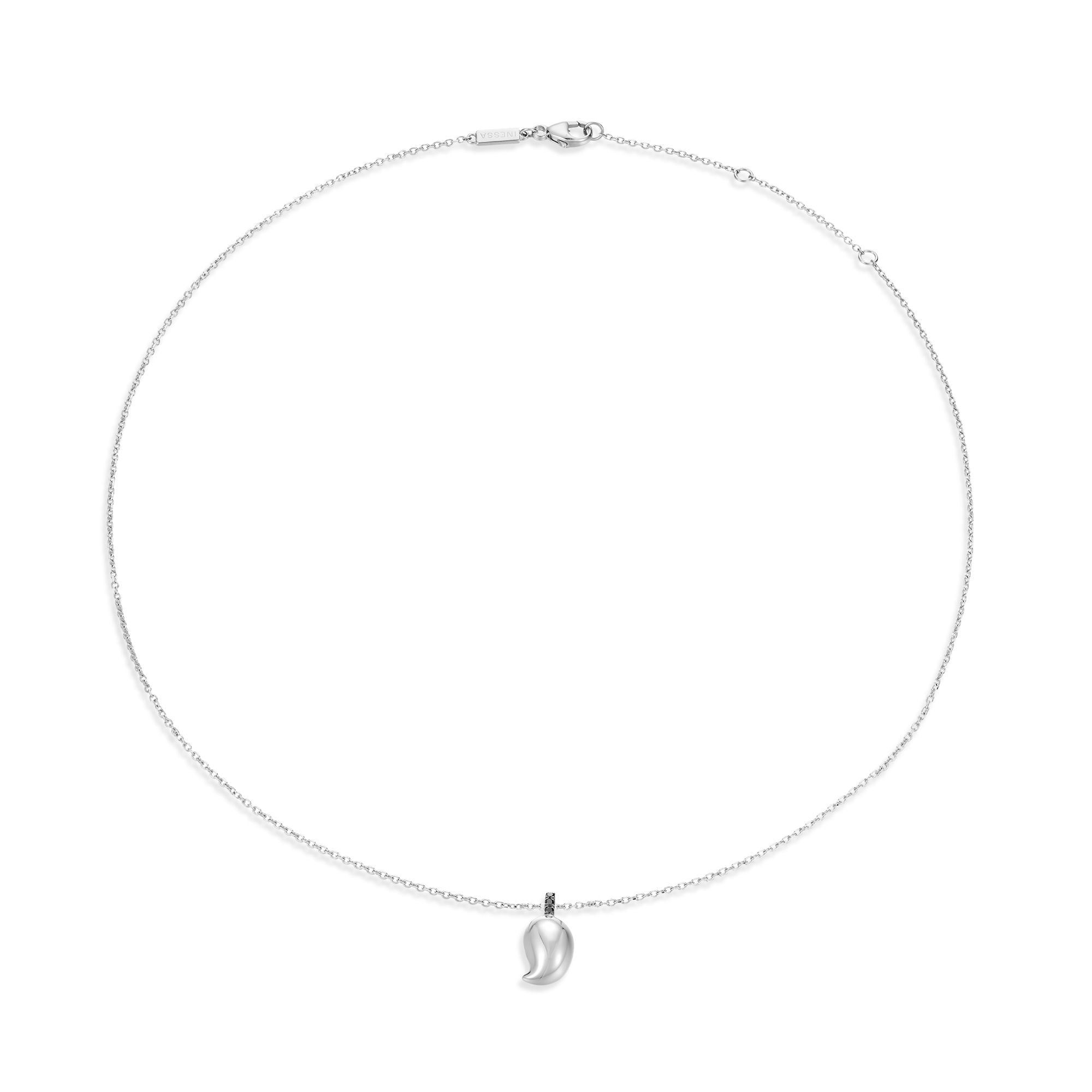 Complete sterling silver mango pendant necklace in circular layout showing adjustable chain length and proportions