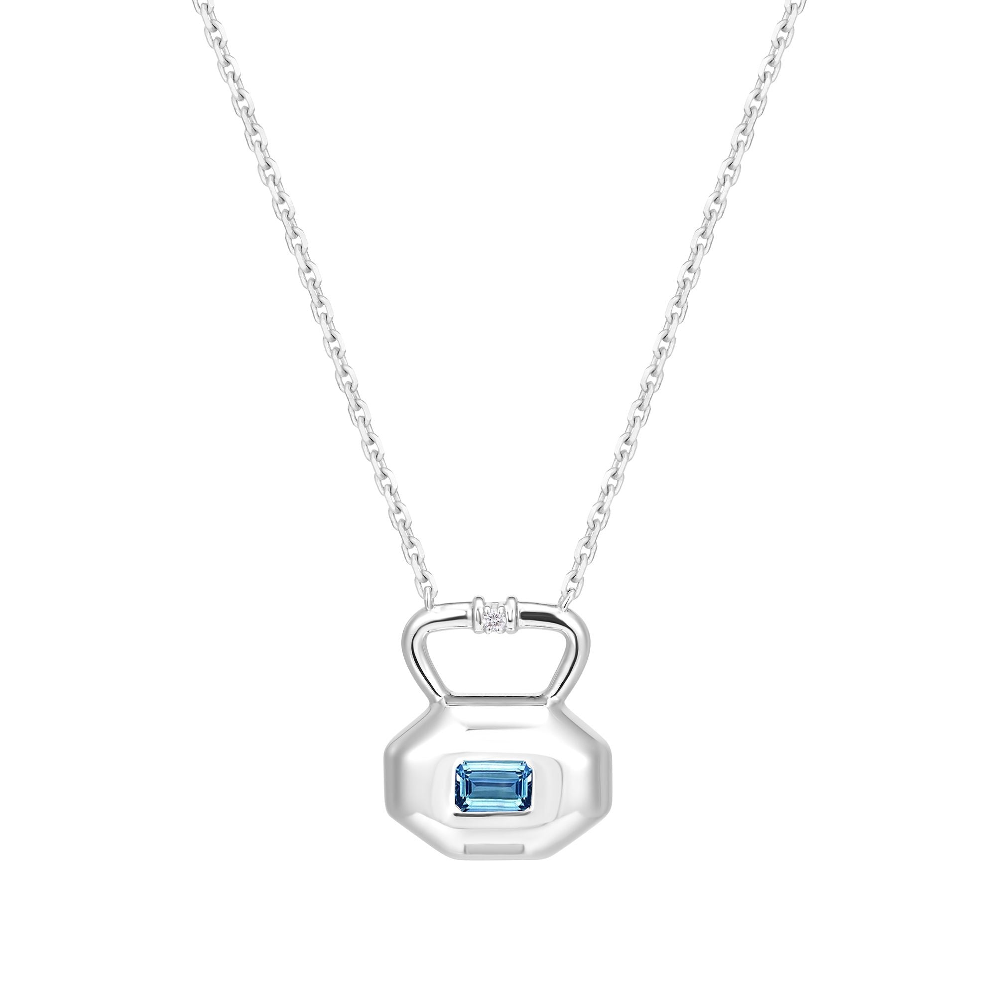 March aquamarine birthstone lock pendant from Milestones Collection shown front view in recycled sterling silver