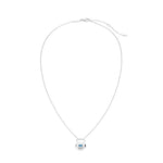 March aquamarine birthstone lock pendant shown full length displaying chain length and pendant positioning