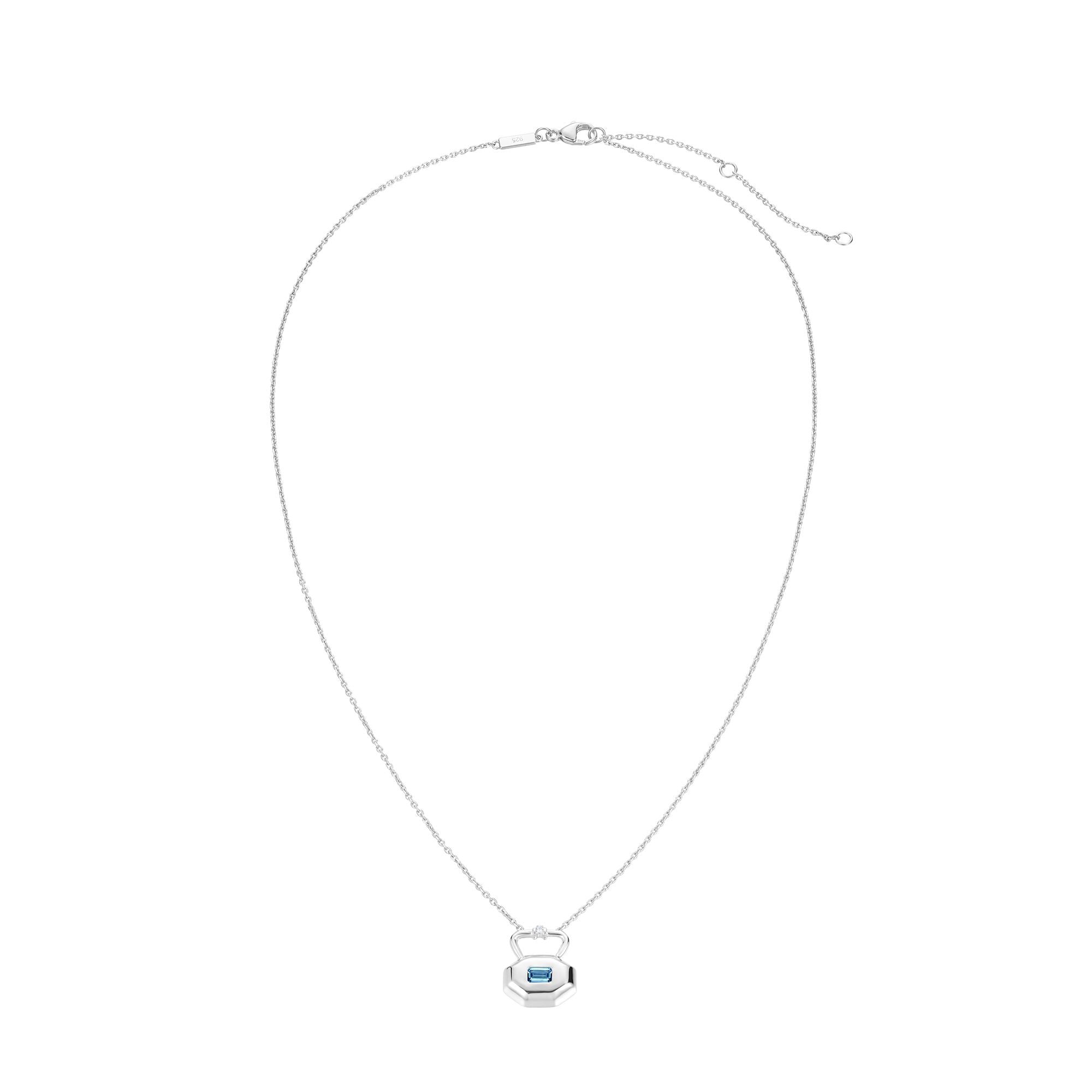 March aquamarine birthstone lock pendant shown full length displaying chain length and pendant positioning