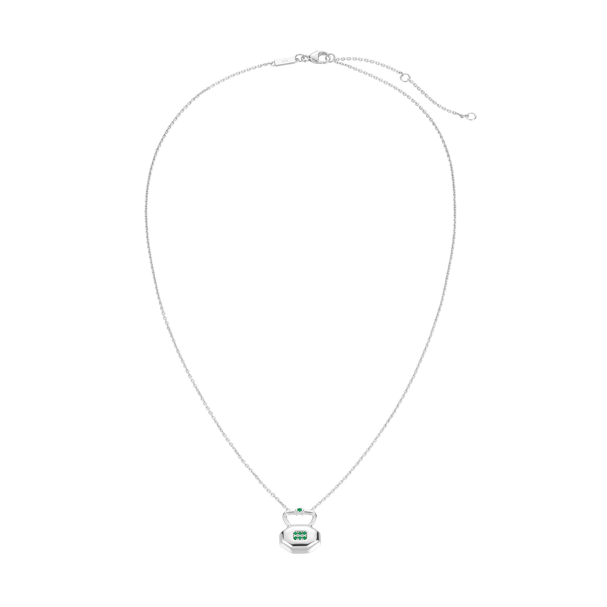May emerald birthstone lock pendant shown full length displaying chain length and pendant positioning