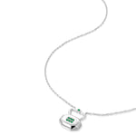 May emerald pavé birthstone lock pendant shown at angle displaying natural movement and light reflection on silver chain