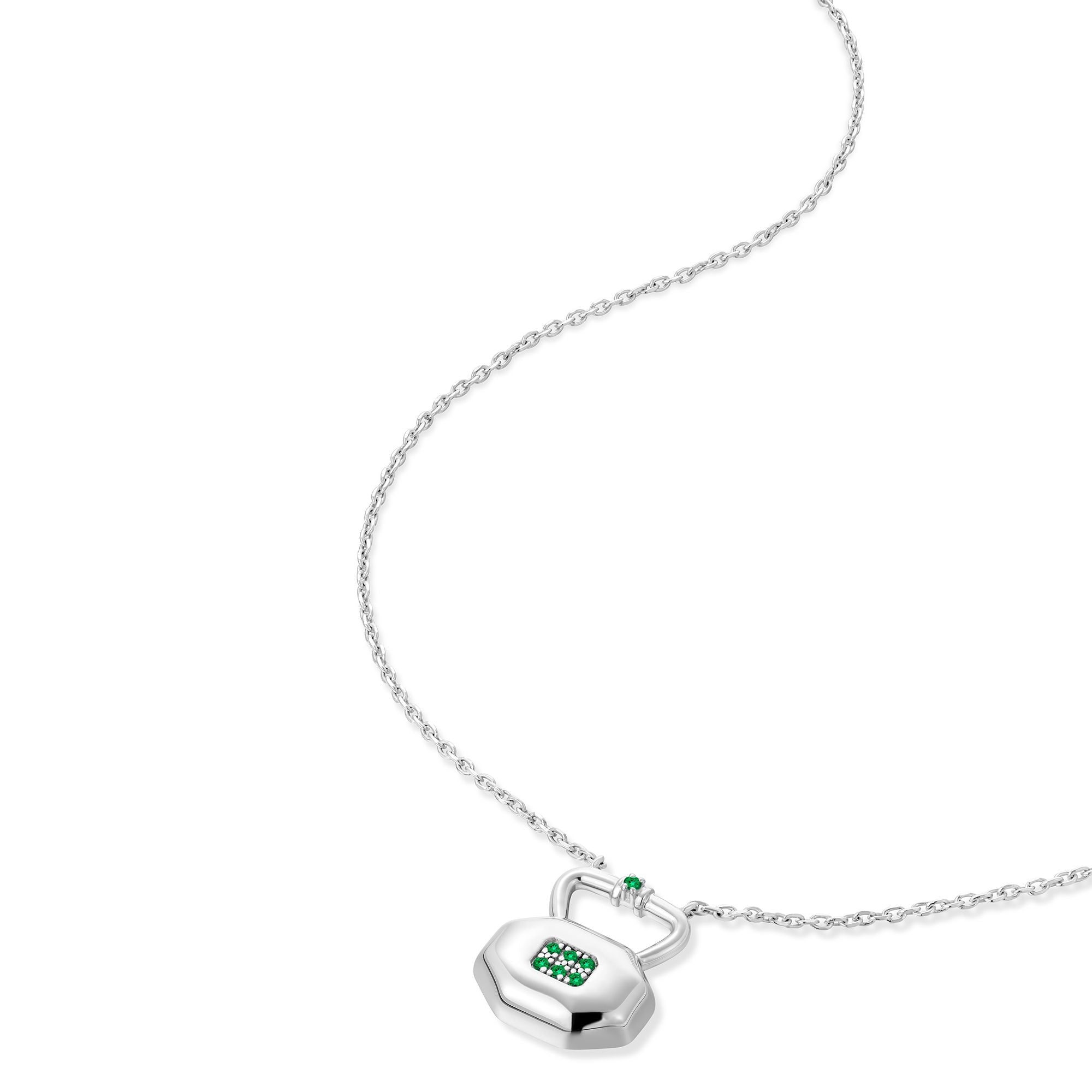 May emerald pavé birthstone lock pendant shown at angle displaying natural movement and light reflection on silver chain