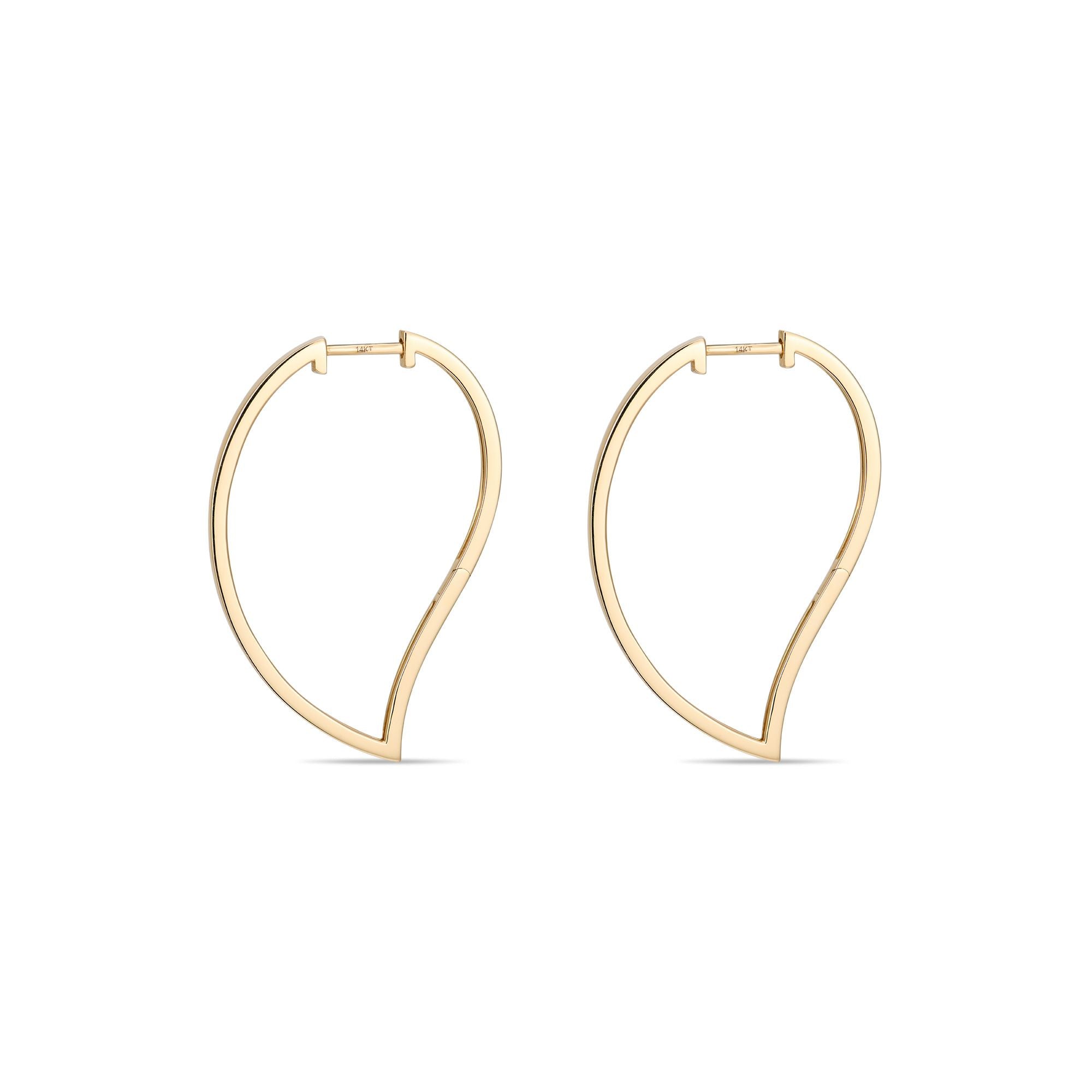 Artistic view of mini mango hoop earrings in gold displaying unique organic teardrop shape and design details