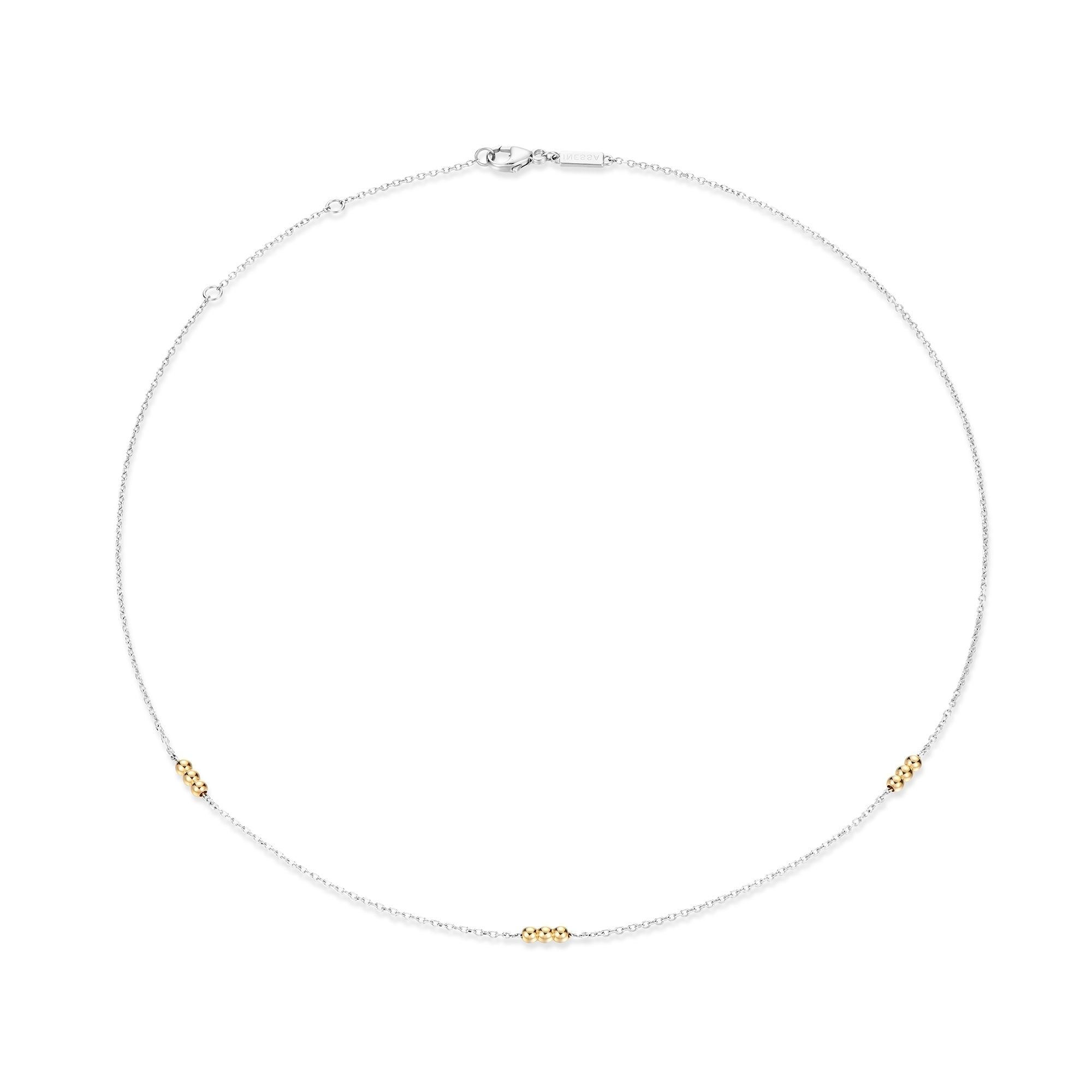 Inessa mixed metal trio necklace, rhodium silver chain with 14k gold bead clusters, adjustable
