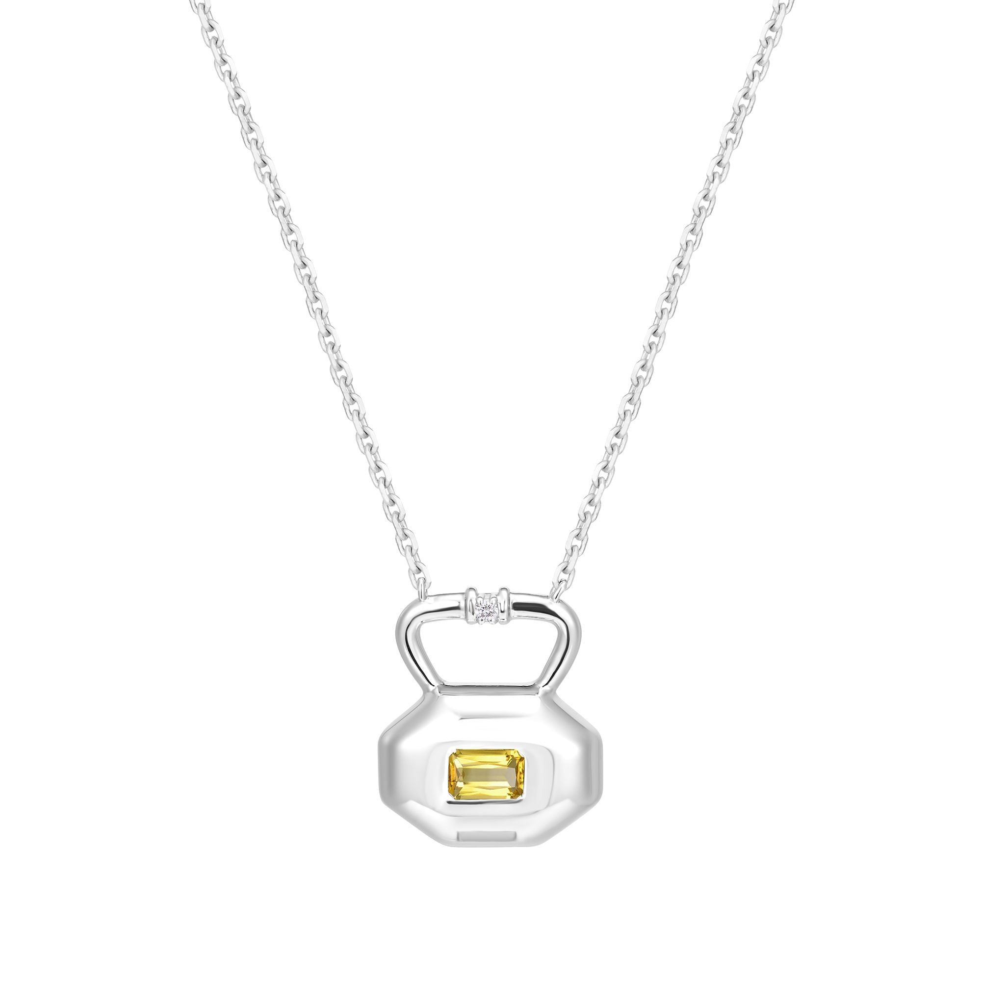November citrine birthstone lock pendant from Milestones Collection shown front view in recycled sterling silver