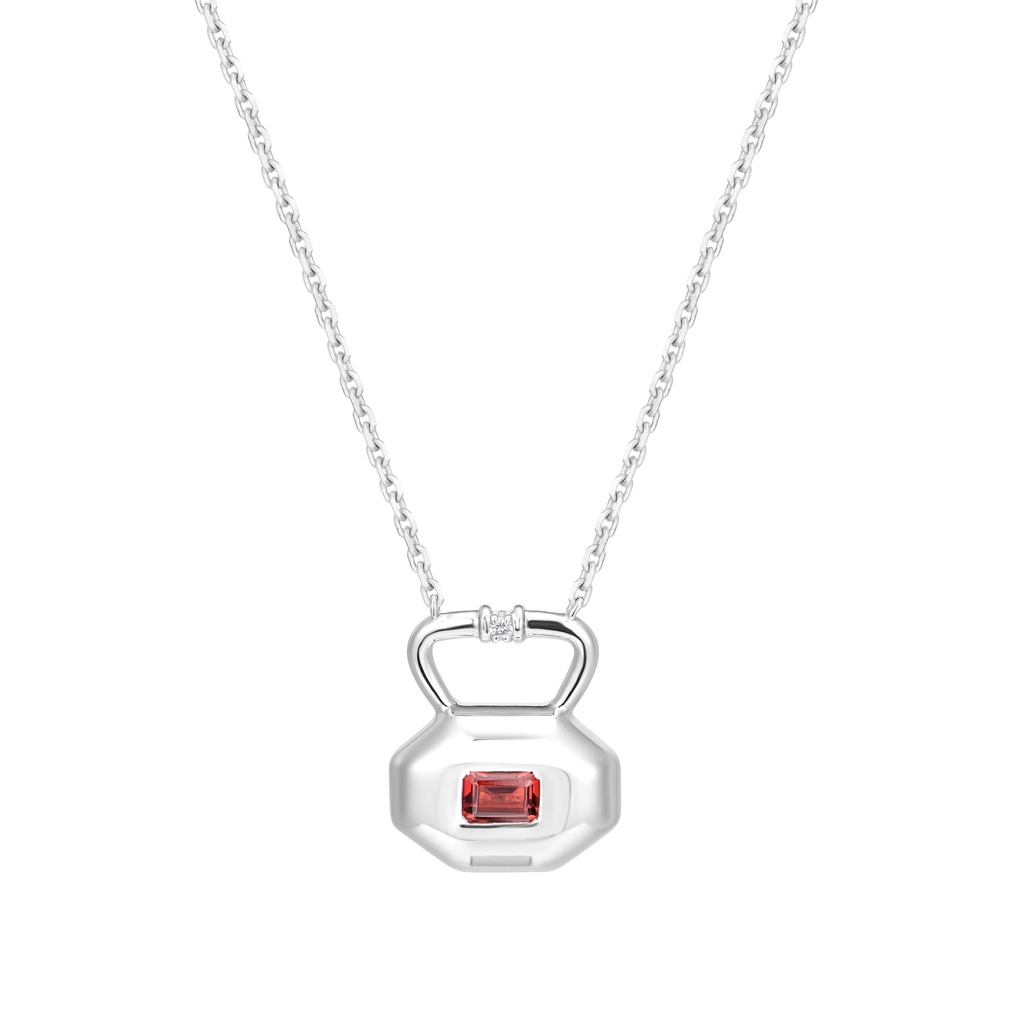 October pink tourmaline birthstone lock pendant from Milestones Collection shown front view in recycled sterling silver