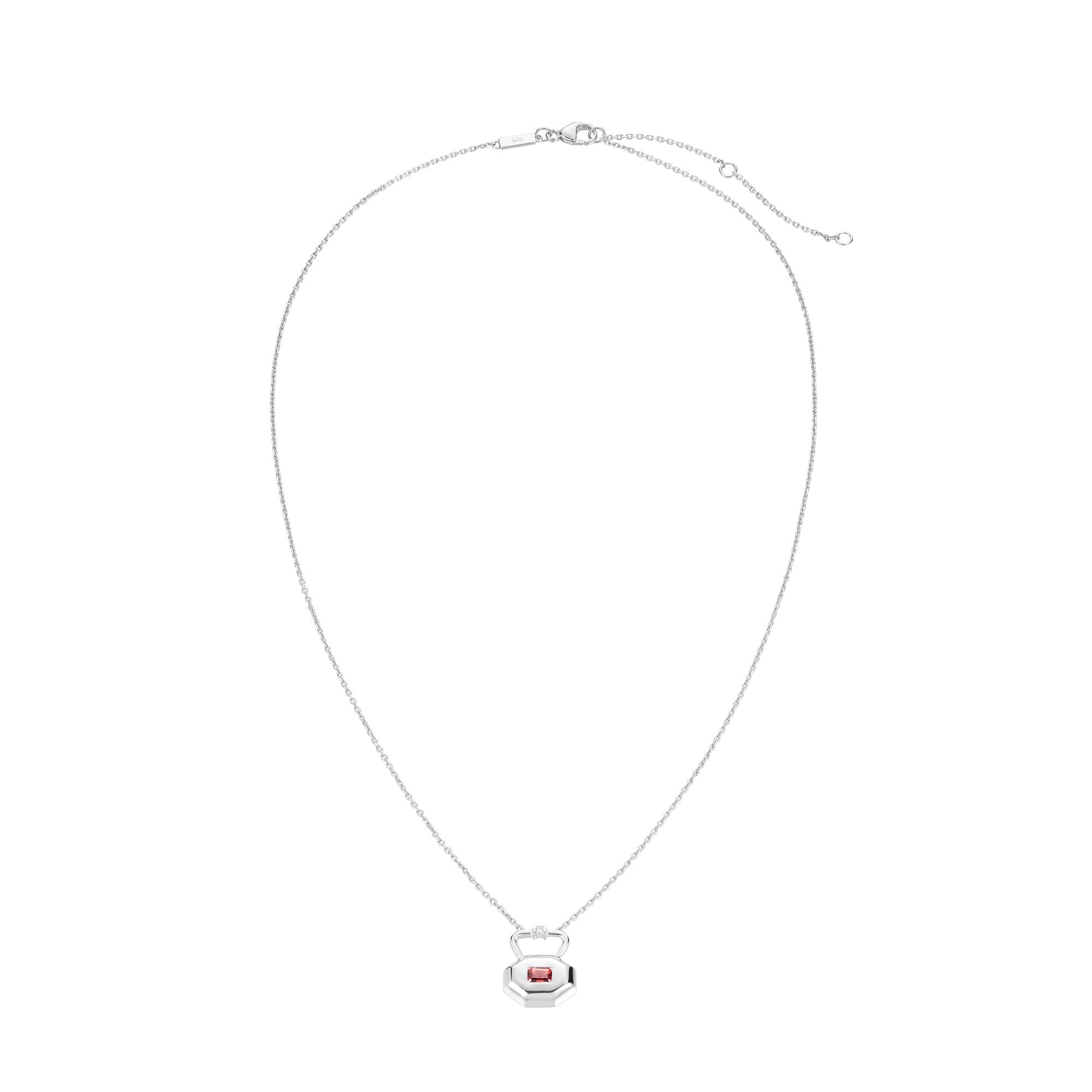 October pink tourmaline birthstone lock pendant shown full length displaying chain length and pendant positioning
