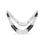Inessa rhodium finished silver wave ring with black ceramic and diamonds, front view