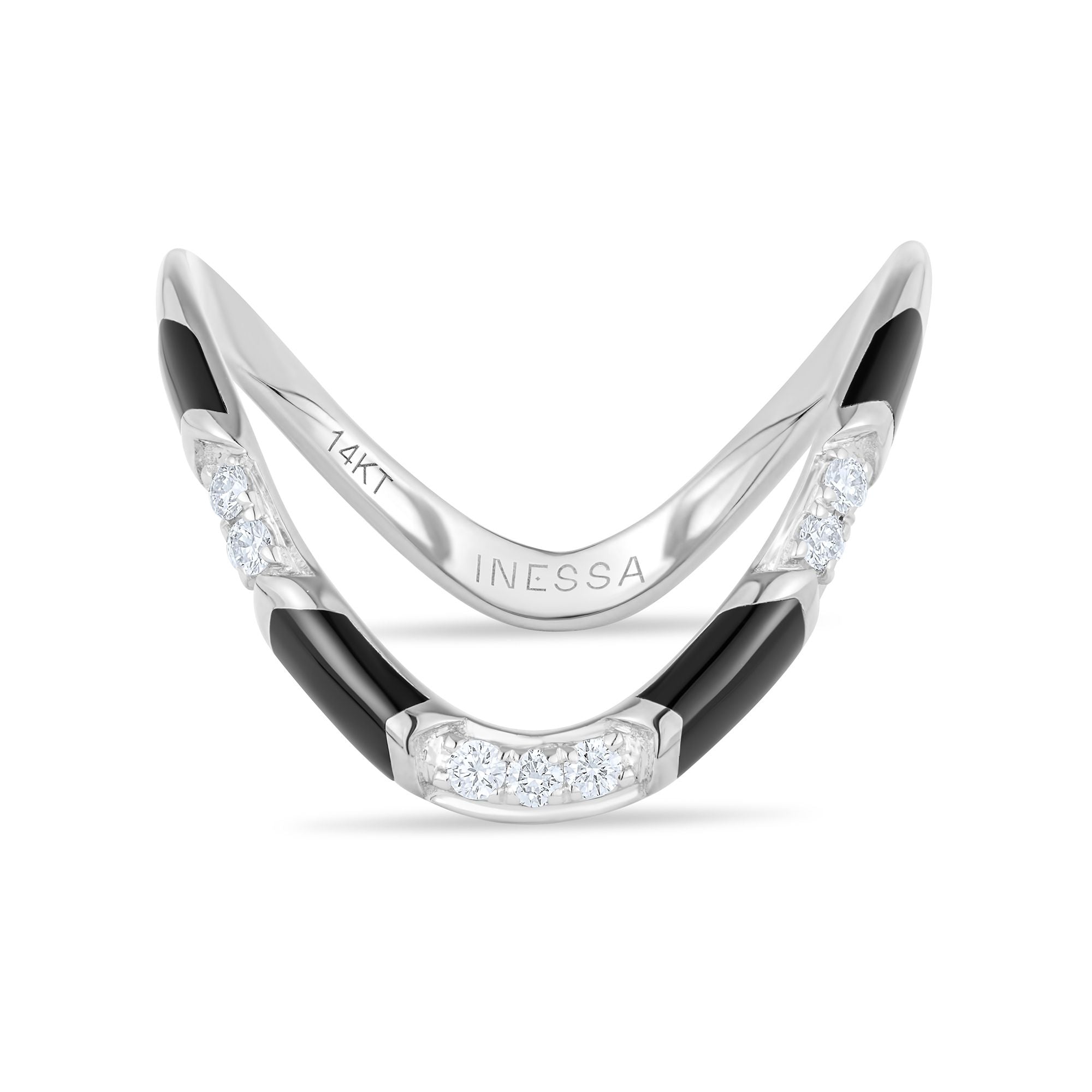 Inessa rhodium finished silver wave ring with black ceramic and diamonds, front view