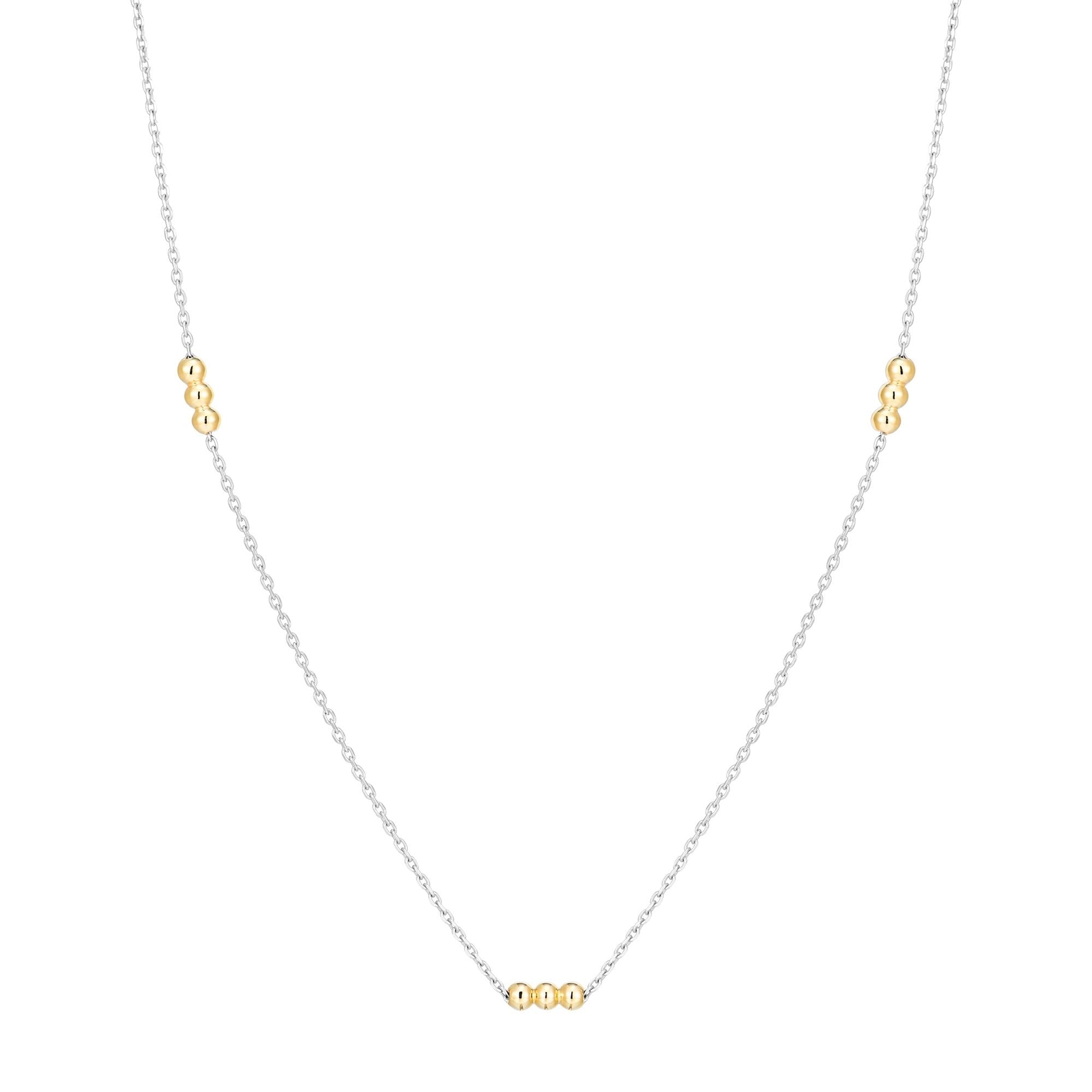 Inessa rhodium plated silver necklace with three 14k gold bead stations, front layout view