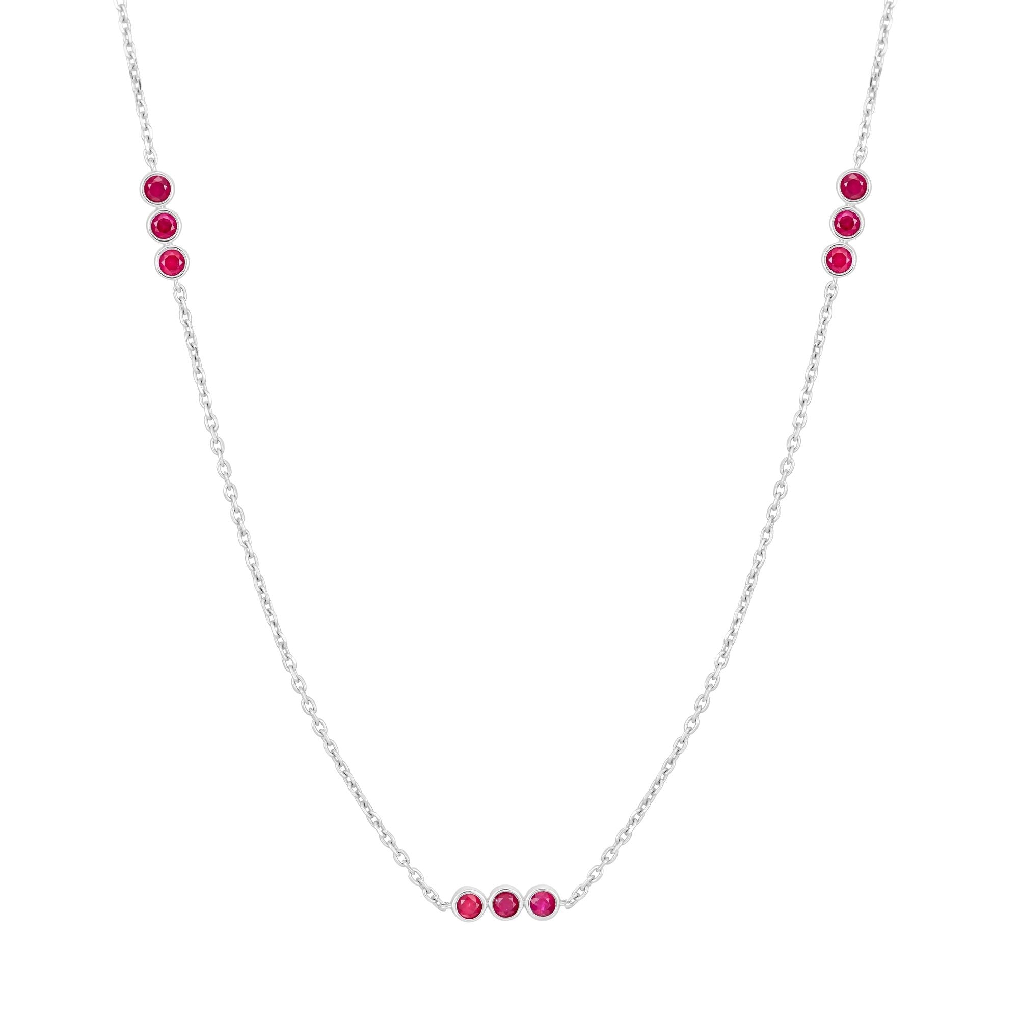 Inessa ruby trio necklace in sterling silver, three bezel-set ruby clusters on adjustable chain