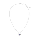 September blue sapphire birthstone lock pendant shown full length displaying chain length and pendant positioning