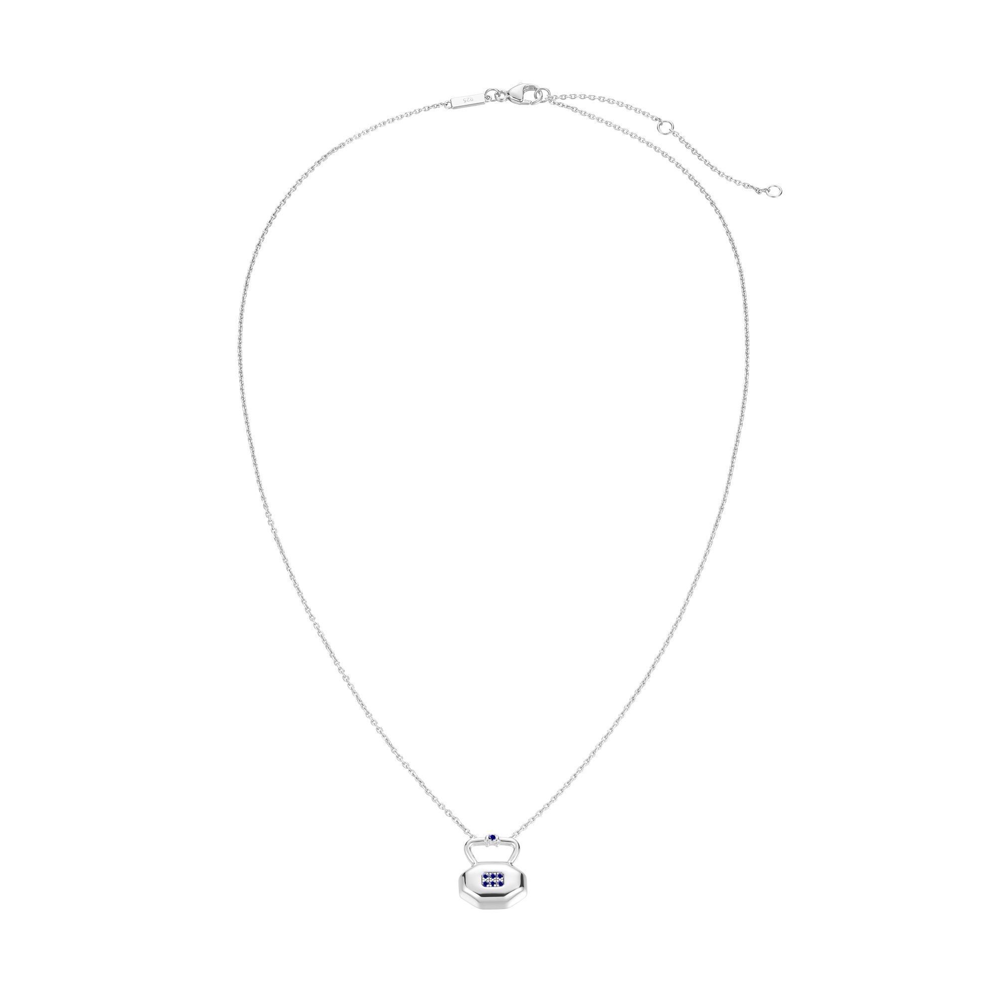 September blue sapphire birthstone lock pendant shown full length displaying chain length and pendant positioning