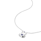 September blue sapphire birthstone lock pendant shown at angle displaying natural movement and light reflection on silver chain