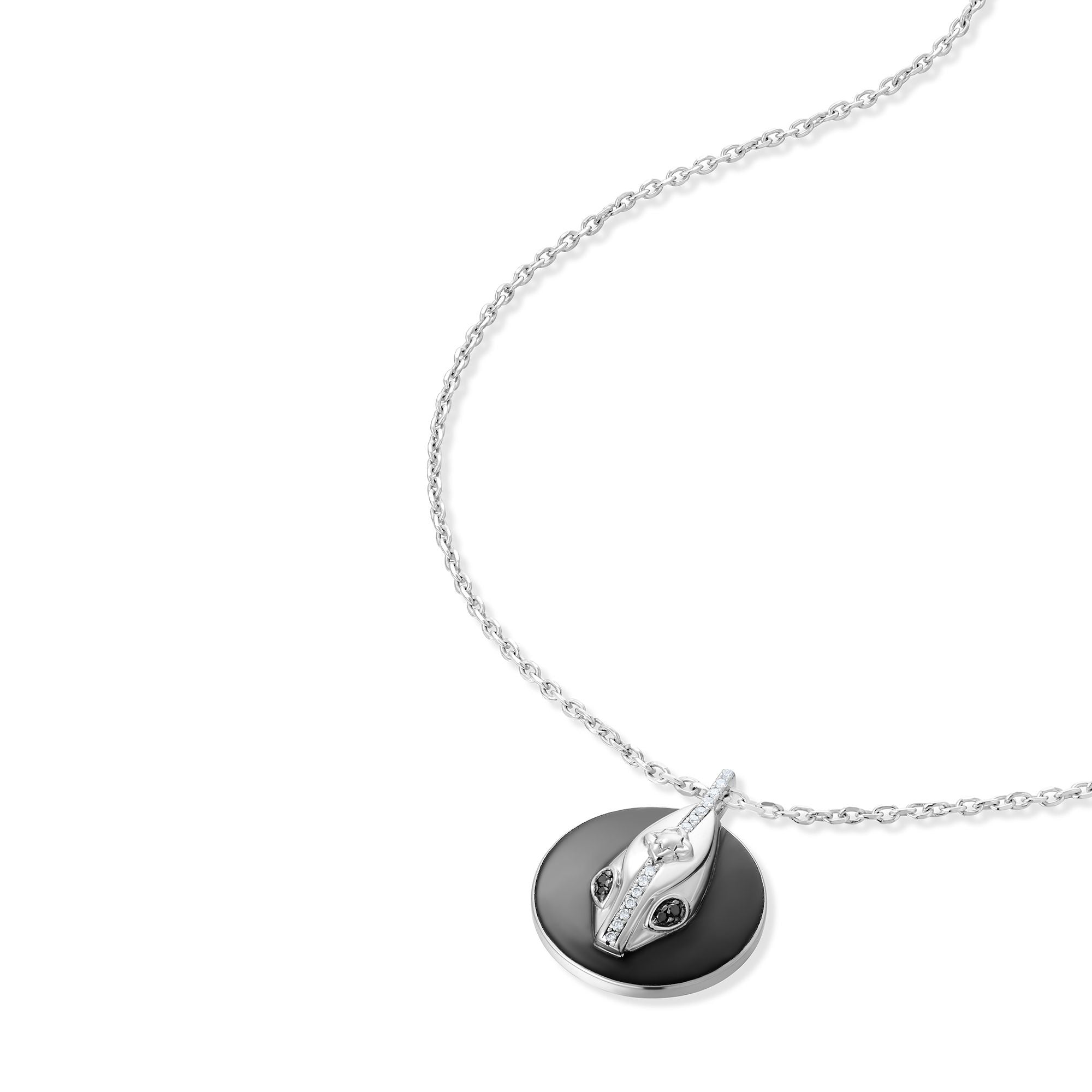 Inessa serpent coin pendant in sterling silver with black ceramic and diamond accents, Renewal Collection transformation jewelry