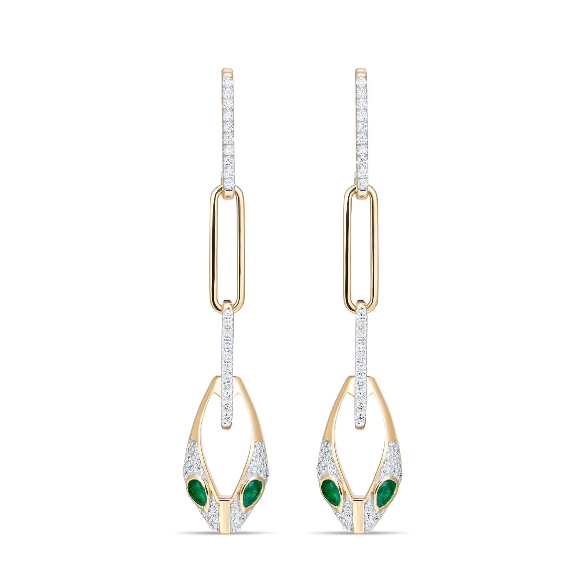 14k gold serpent chain drop earrings with emerald eyes and diamonds from Inessa Renewal Collection
