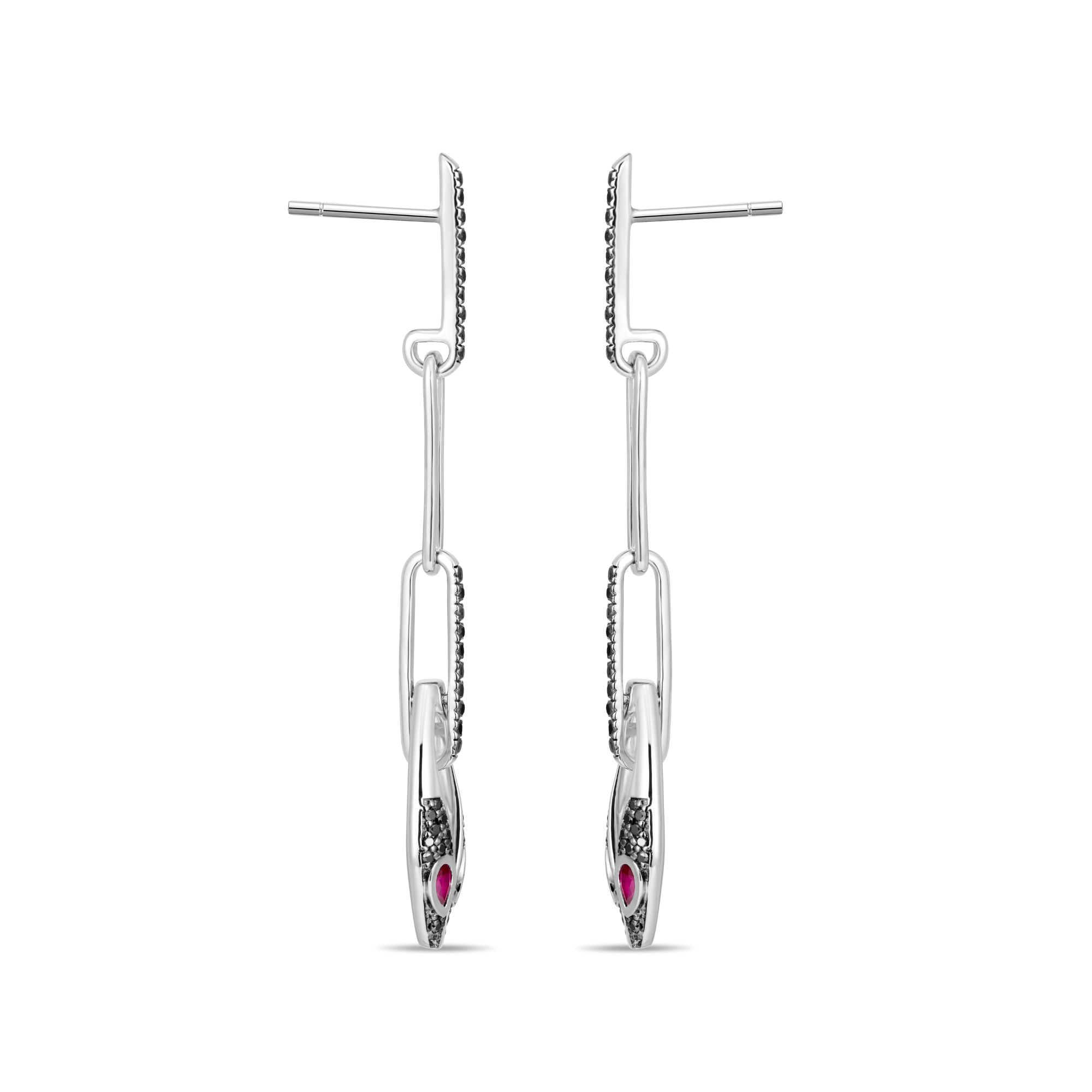 Inessa serpent chain drop earrings in sterling silver with ruby eyes and black diamond accents, Renewal Collection transformation earrings