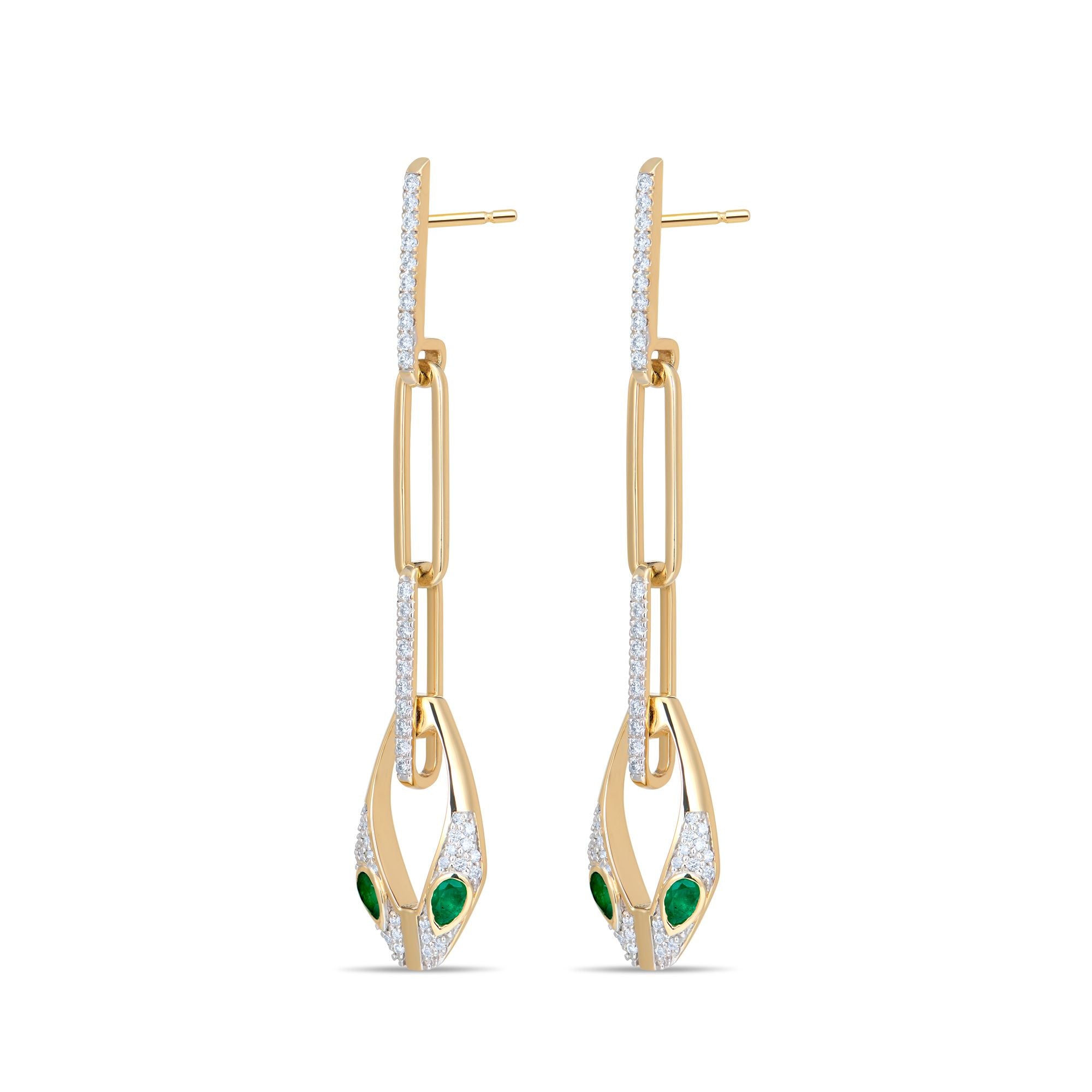 Side view of gold serpent chain drop earrings showing secure post backs and 25mm length for comfortable wear