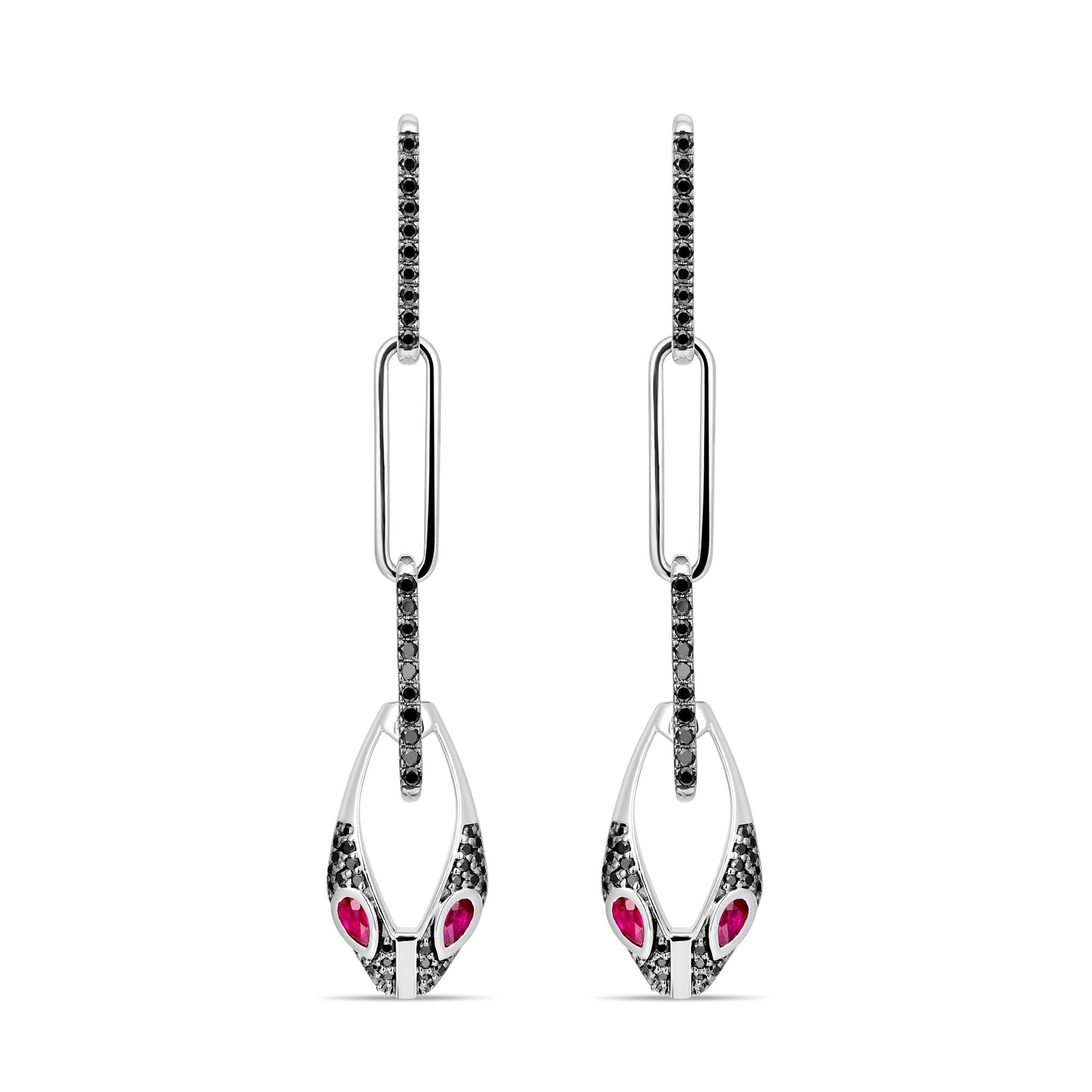 Sterling silver serpent chain drop earrings with ruby eyes and black diamond detailing on white background